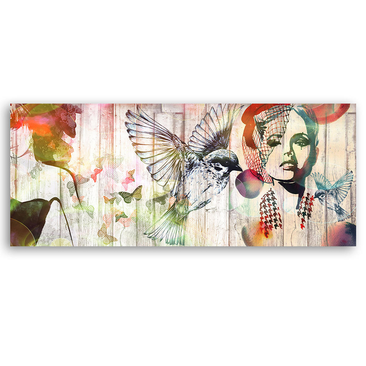 WANDBILD frau vögel und schmetterlinge - Beige, Textil (90/30cm) - Feeby