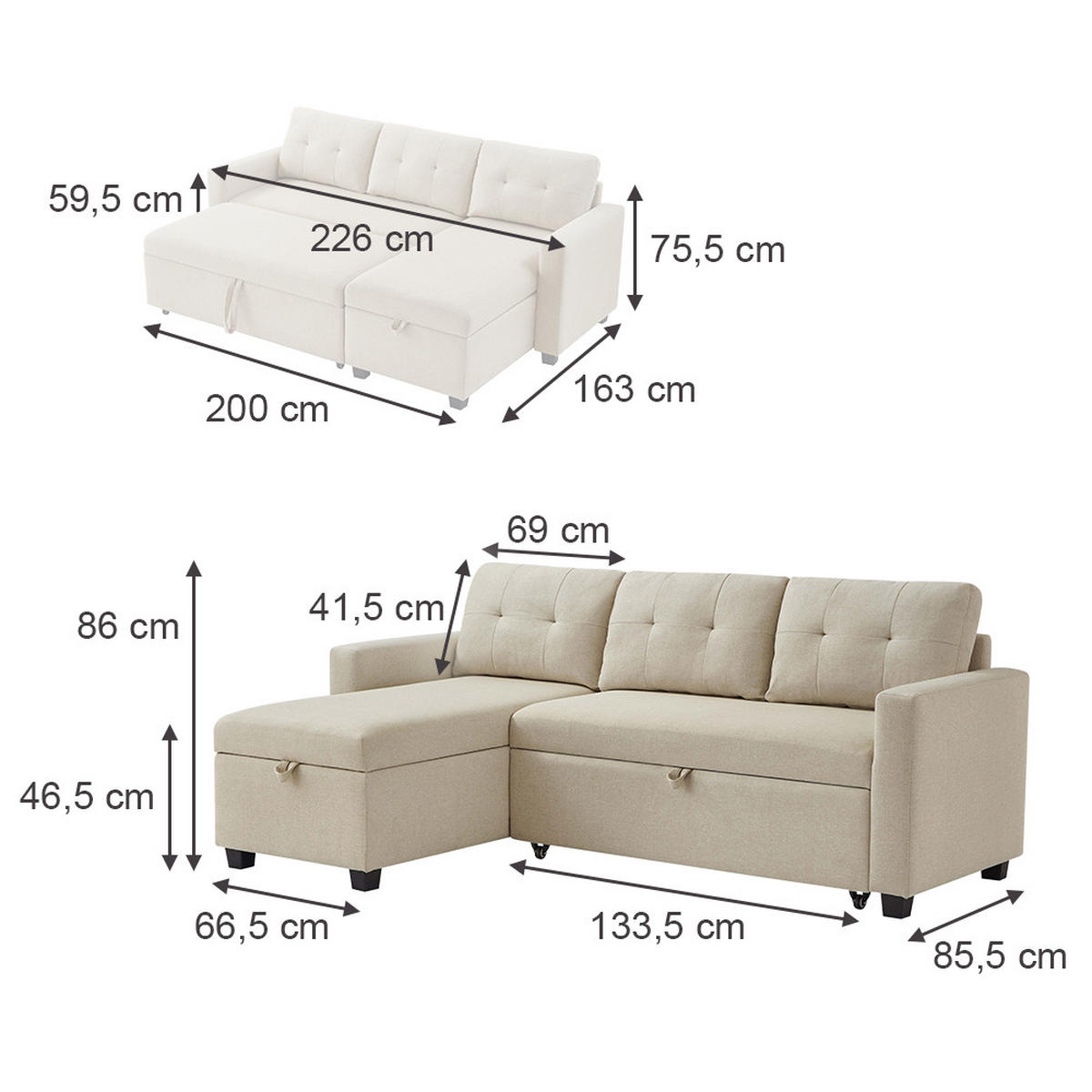 SOFA L-FORM Campina Beige 226 x 163 cm mit Schlaffunktion - Beige, Holz (226/163cm) - VitaliSpa