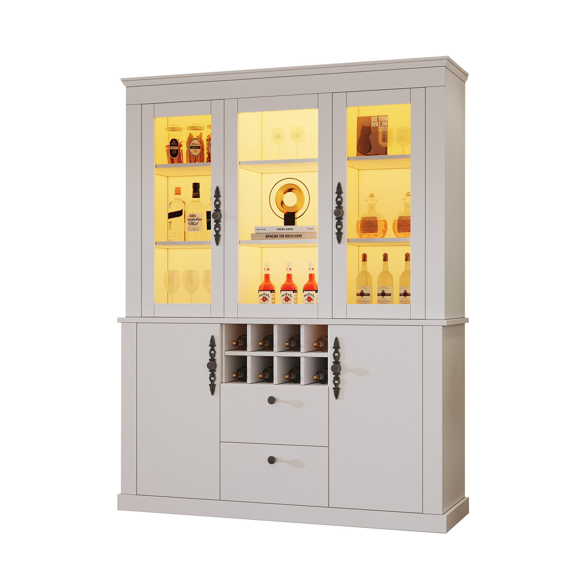 VITRINE LED 130cm 4 Türen 2 Schubladen Weinregal Weiß - Weiß, Glas (130/170.5/37.5cm) - FLIEKS