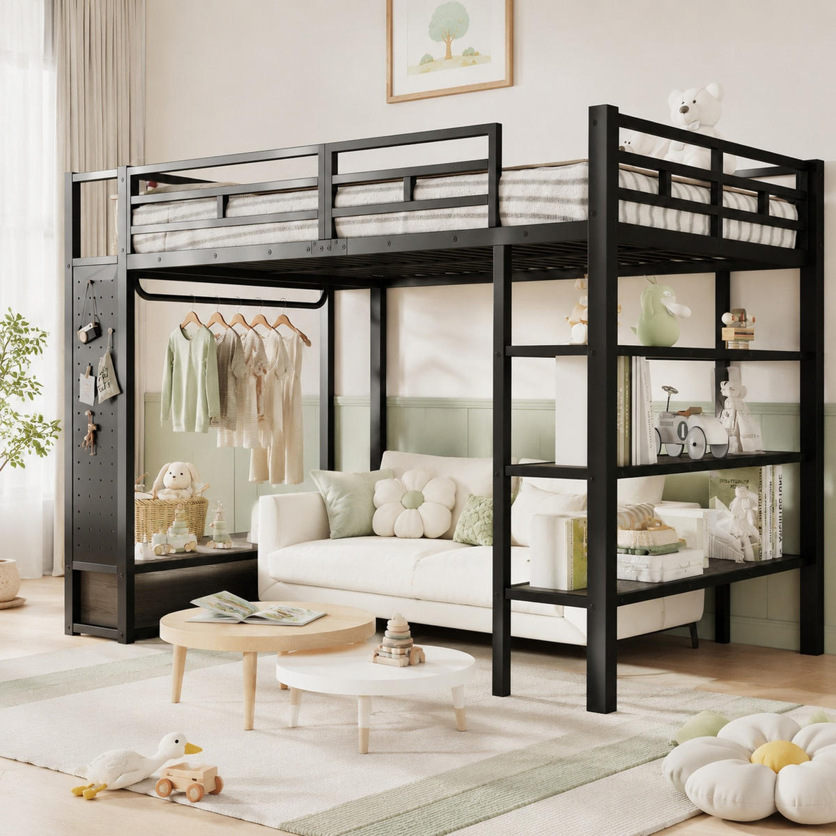 HOCHBETT 140/200 mit Kleiderschrank, LED und Ablagefächern in Schwarz - Schwarz, Holzwerkstoff/Metall (140/200cm) - EVRYAE