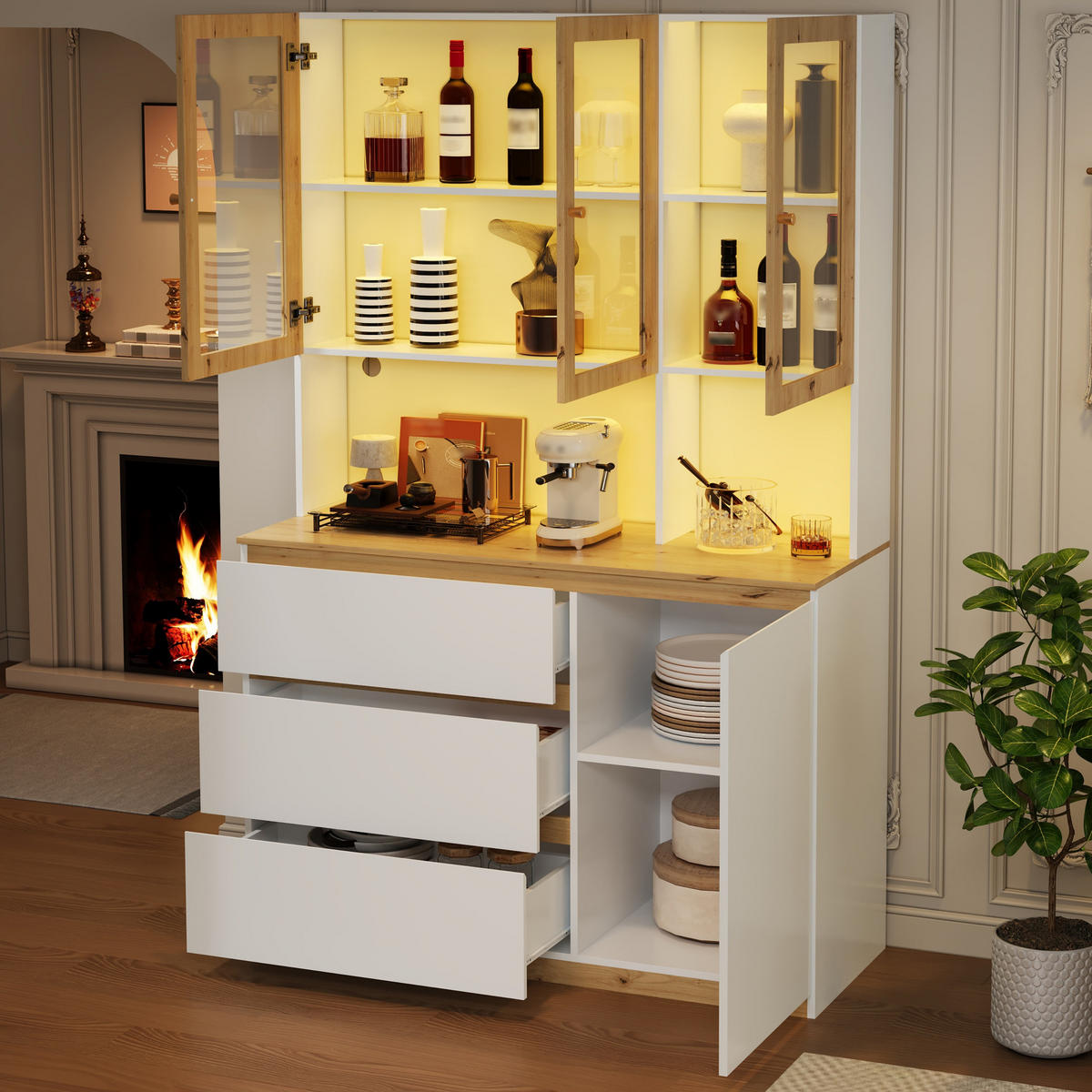 VITRINE 120cm Weiß Eiche LED Hochschrank modern - Multicolor, Holzwerkstoff (120/200/40cm) - FLIEKS