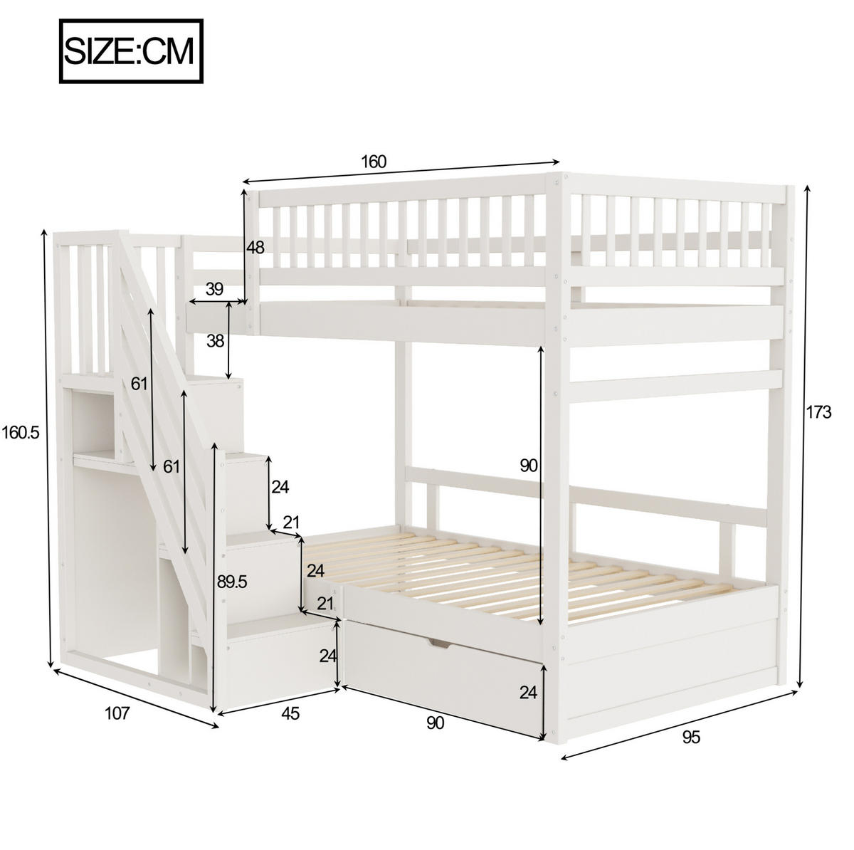 ETAGENBETT 90/200 cm Weiß aus Massivholz mit Sicherheitsgitter und Stauraum - Weiß, Holzwerkstoff (90/200cm) - OKWISH