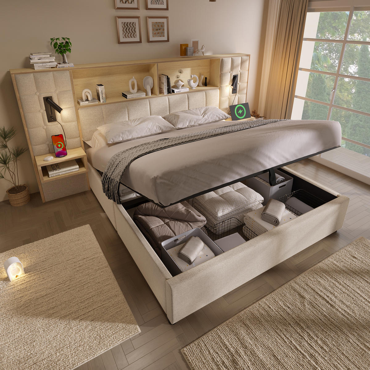 BETT 180/200 cm in Beige mit Bettkasten, LED, Leselampen, USB, Type-C und Nachttischen - Beige, Holzwerkstoff/Textil (180/200cm) - WISHDOR