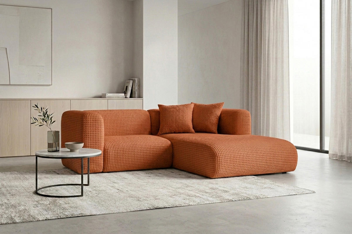 ECKSOFA L-Form mini, Chenille-Stoff Cremona, Kupfer, Rechts, GRETA - Kupferfarben, Holz (226/179cm) - Kaiser Möbel