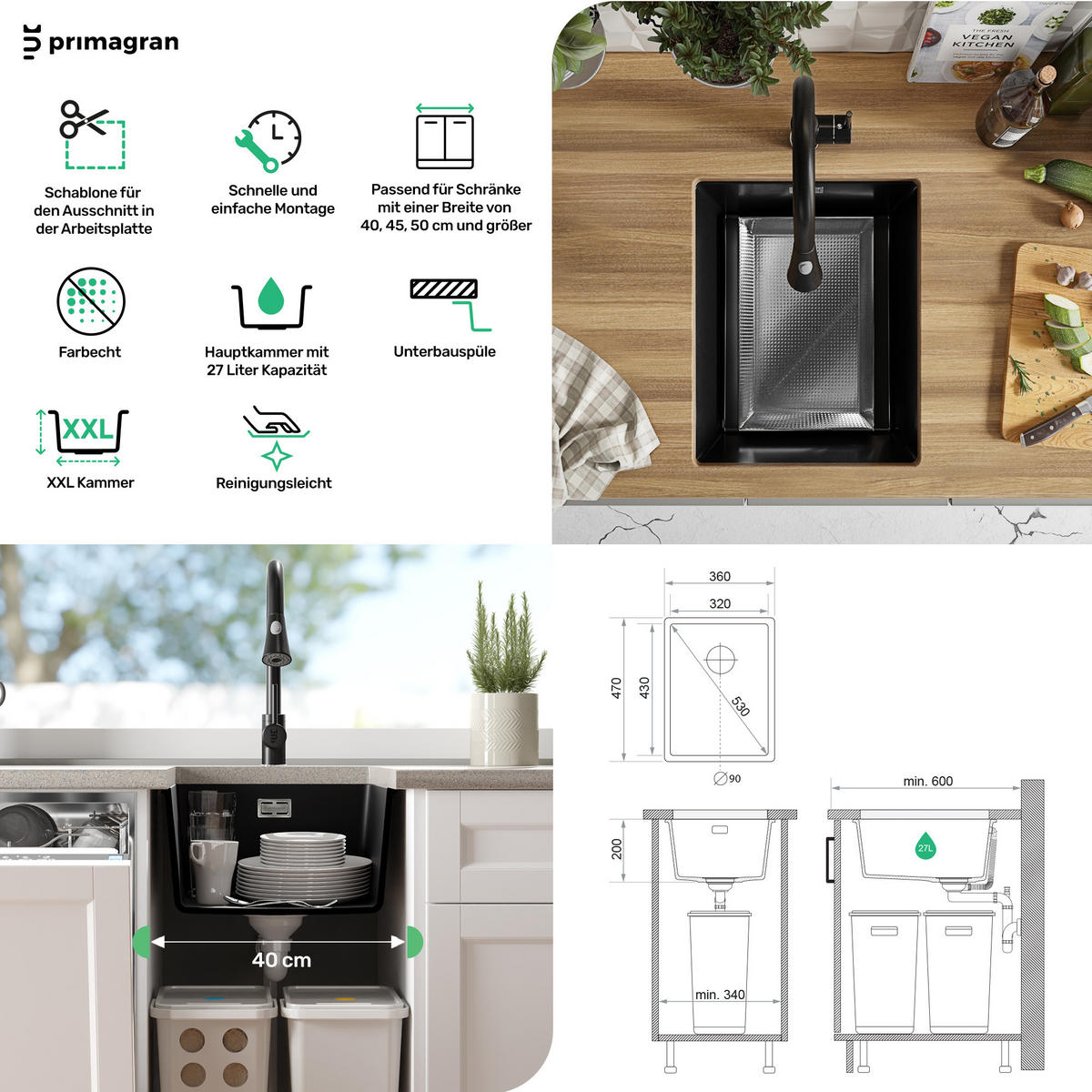 UNTERBAUSPÜLE GRANIT London, 2-er set Alles Weiß 36/47 cm 1 Becken + Ablauf-Set ab 40er Unterschrank - Weiß, Kunststoff (36/20/47cm) - Primagran