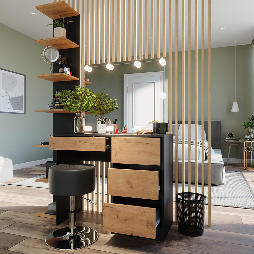 SCHMINKTISCH Sherry Anthrazit/Goldkraft Eiche 90 x 75 cm mit Spiegel, LED-Beleuchtung & Hocker - Honigeiche/Anthrazit, Holzwerkstoff (90/75/40cm) - Vicco