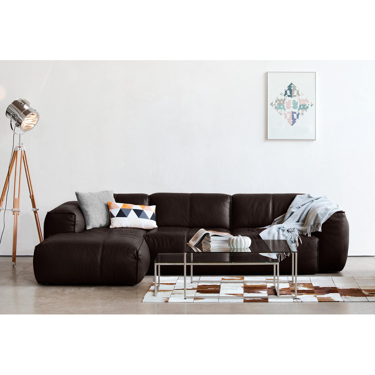 3-SITZER ECKSOFA mit Longchair - Dunkelbraun/Schwarz, Leder/Kunststoff (317/173cm) - home24