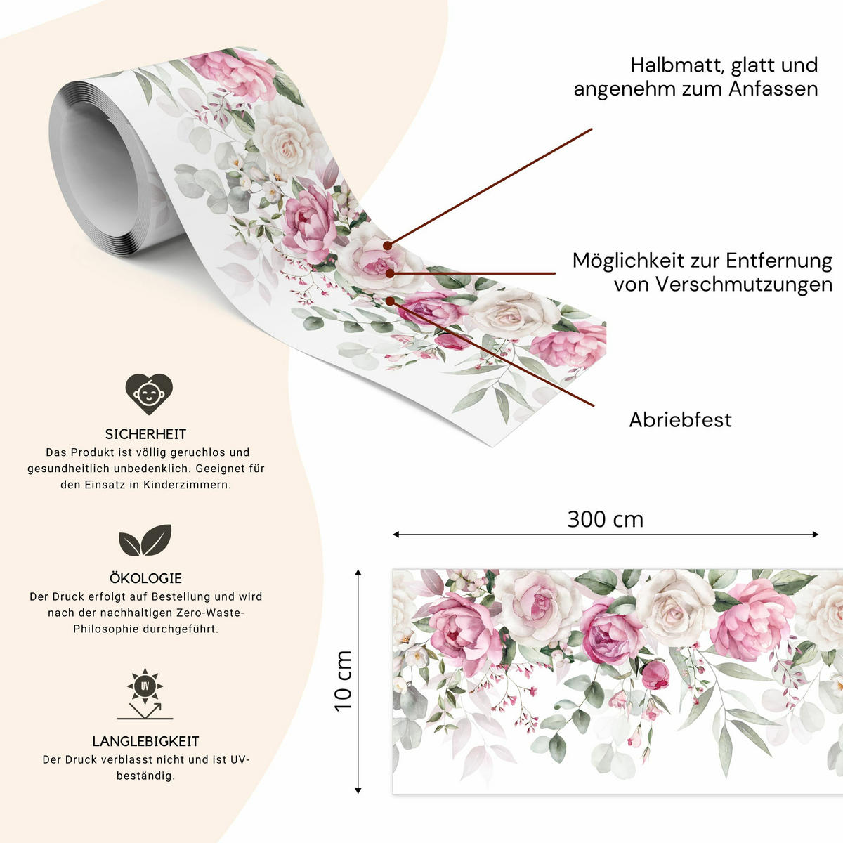 TAPETENBORDÜRE selbstklebend Aquarelle Blumen Blätter Pflanzen - Beige/Weiß, Papier (10/300/300cm) - Muralo