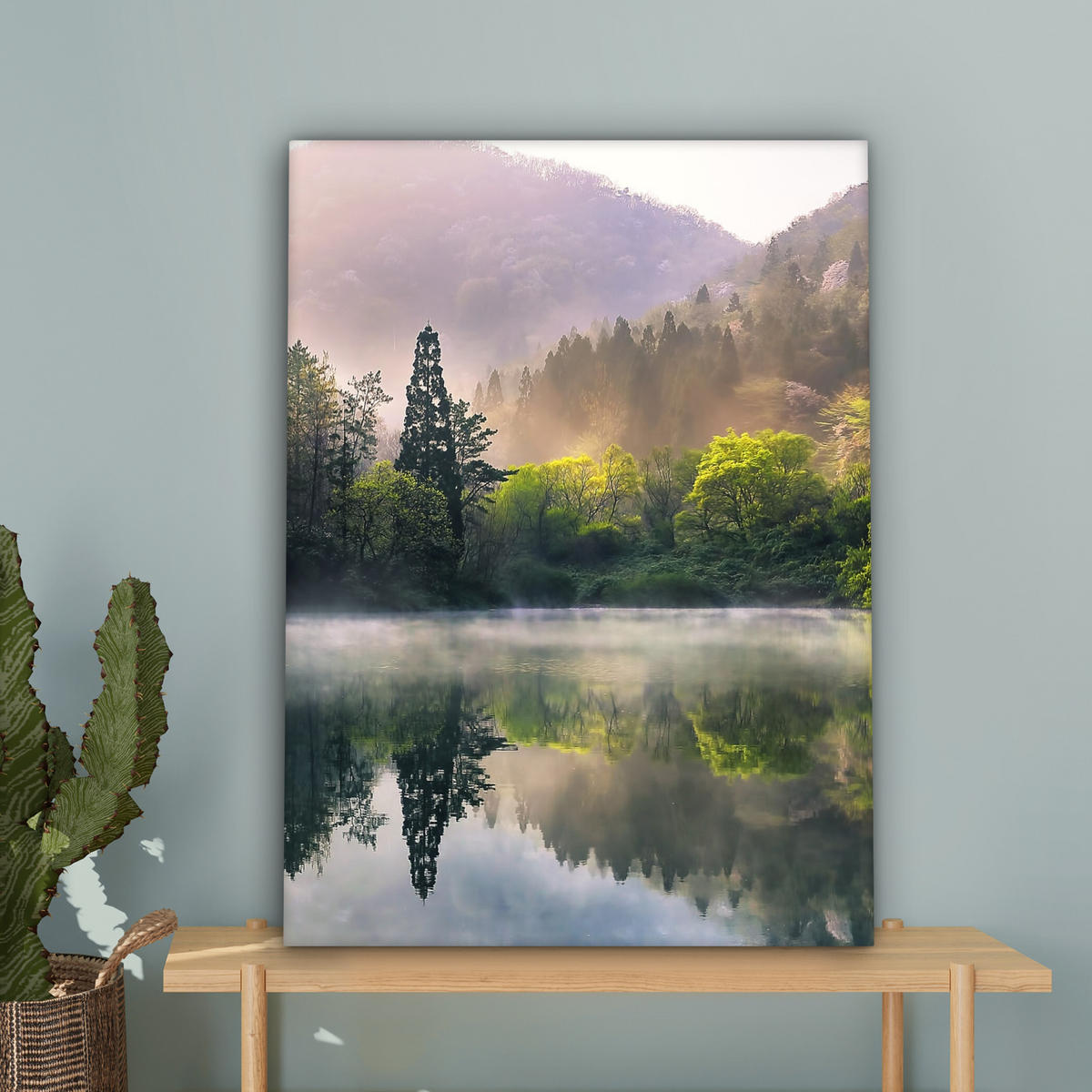 LEINWANDBILD Natur - Bäume - Berge - See - Wasser 60x80 cm - Hellgrün, Textil (60/80cm) - MuchoWow