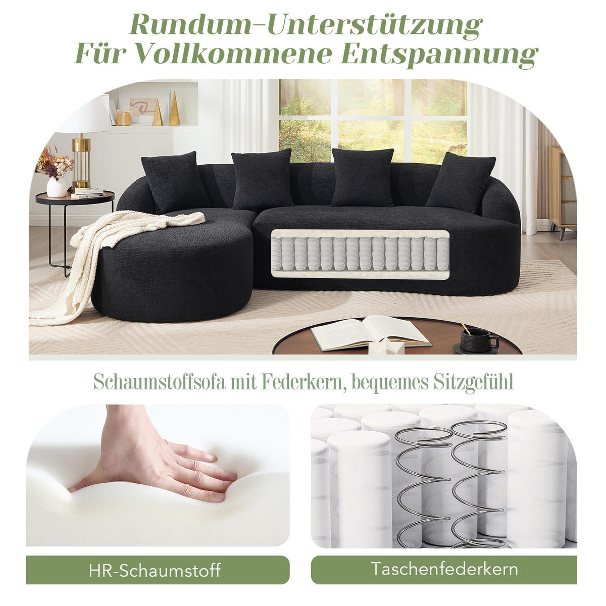 3-SITZER SOFA Chenille Schwarz mit Vakuumverpackung - Schwarz, Textil (243/150cm) - WISHDOR