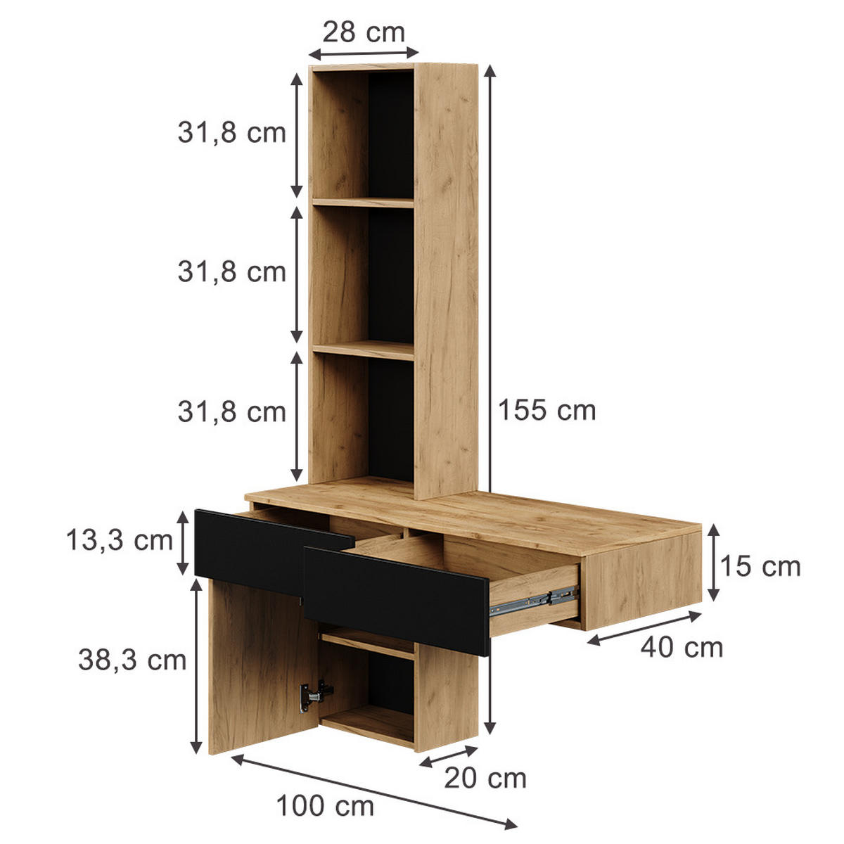 TOALETNÍ STOLEK Melora Dub/černá - barva dubu, kompozitní dřevo (100/155/40cm) - Vicco
