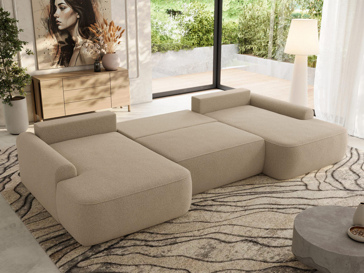 WOHNLANDSCHAFT CUBO U Hellbraun Boucle - Schwarz/Braun, Kunststoff/Textil (370/100/187cm) - MKS