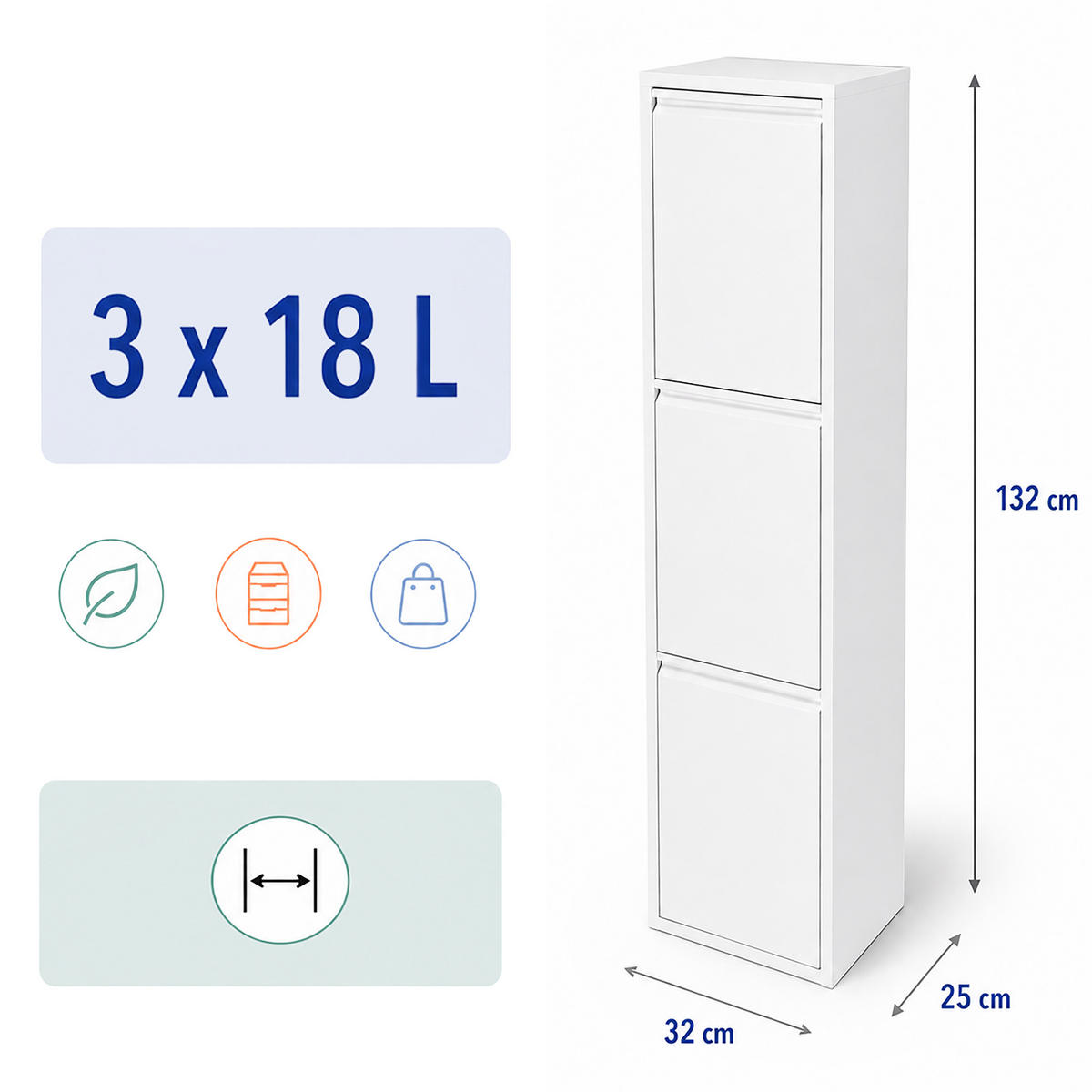 MÜLLEIMER Weiß 3x18 l Stahl - Weiß, Kunststoff/Metall (32/132/25cm) - Relaxdays