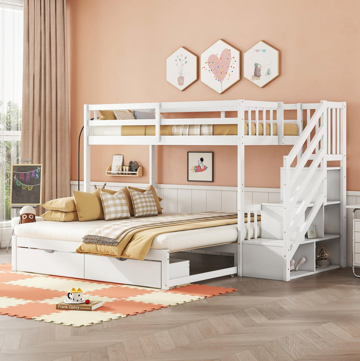 ETAGENBETT 90/200 cm in Weiß mit Ausziehbett und 2 Schubladen - Weiß, Holz (90/200cm) - Flora Grace
