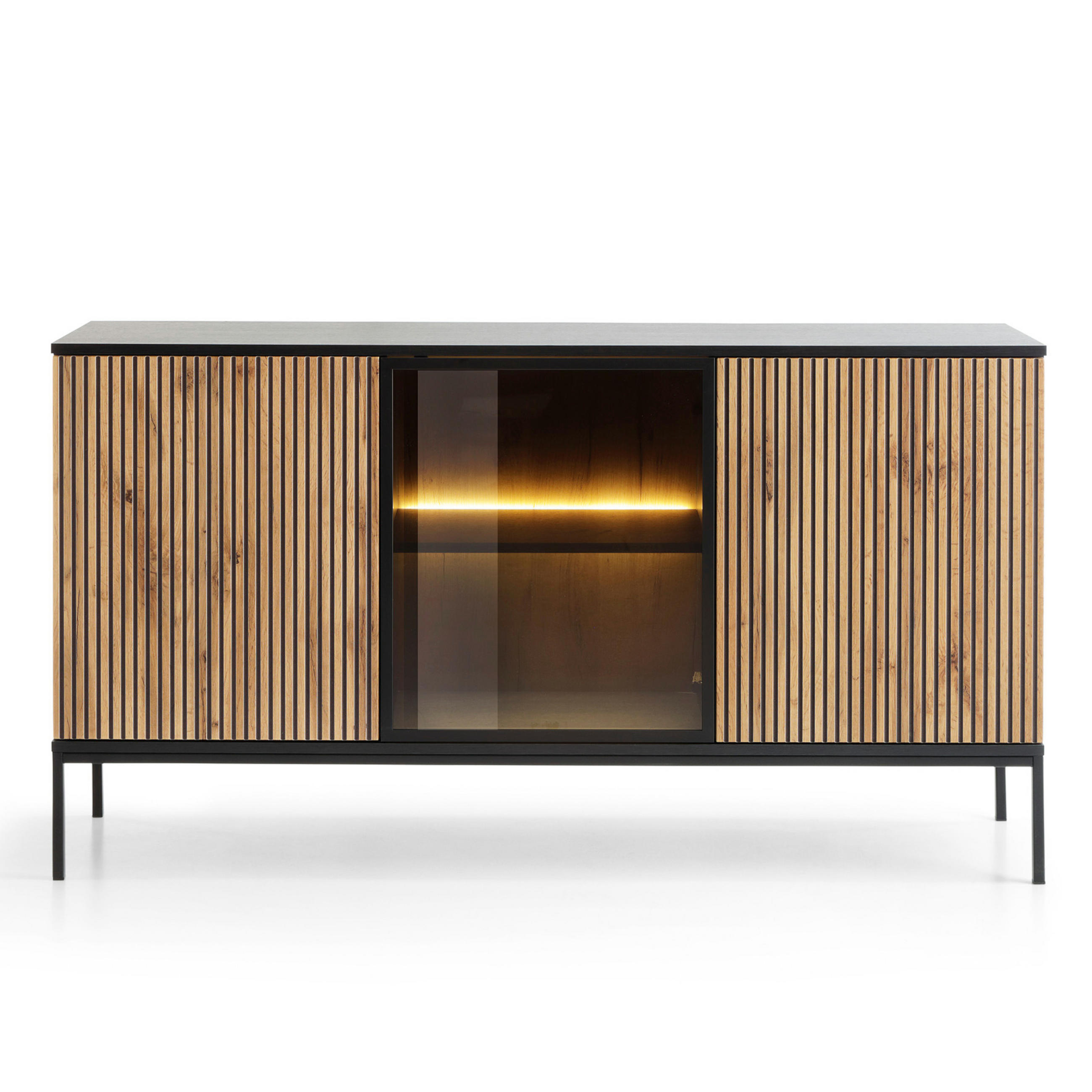 SIDEBOARD Laval K154 – Wotan-Eiche, Schwarz, mit Lamellen - Eichefarben/Eiche Wotan, Glas/Holzwerkstoff (154/83/39cm) - Komodee