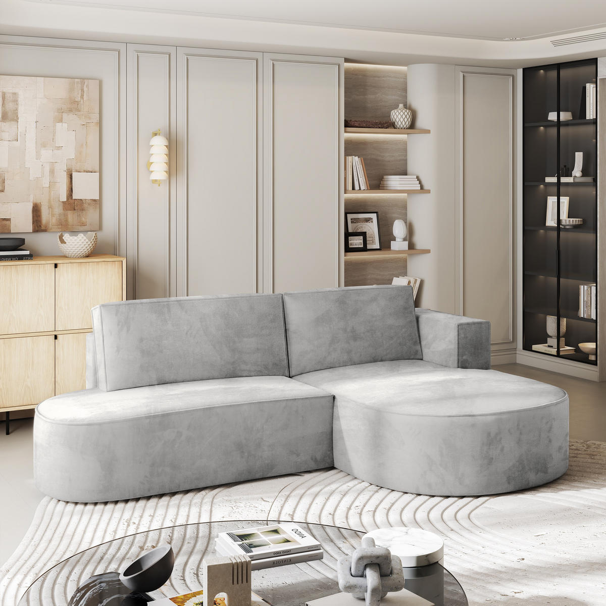 ECKSOFA CORTIO M R-S Hellgrau Velours-Stoff mit Schlaffunktion - Hellgrau, Holz (265/174cm) - MASSENO