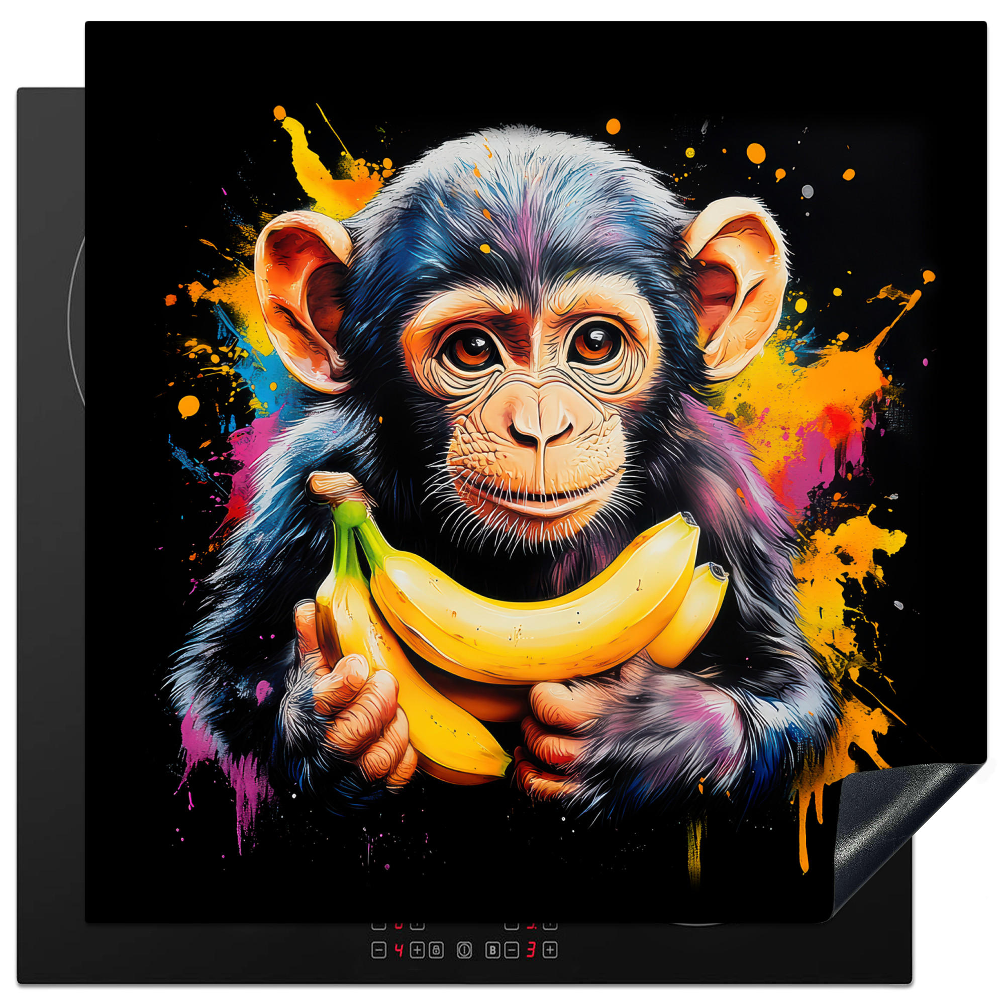 HERDABDECKPLATTE Affe - Graffiti - Farbenfroh - Bananen - Modern 78x78 cm - Gelb, Kunststoff (78/0.2/78cm) - MuchoWow