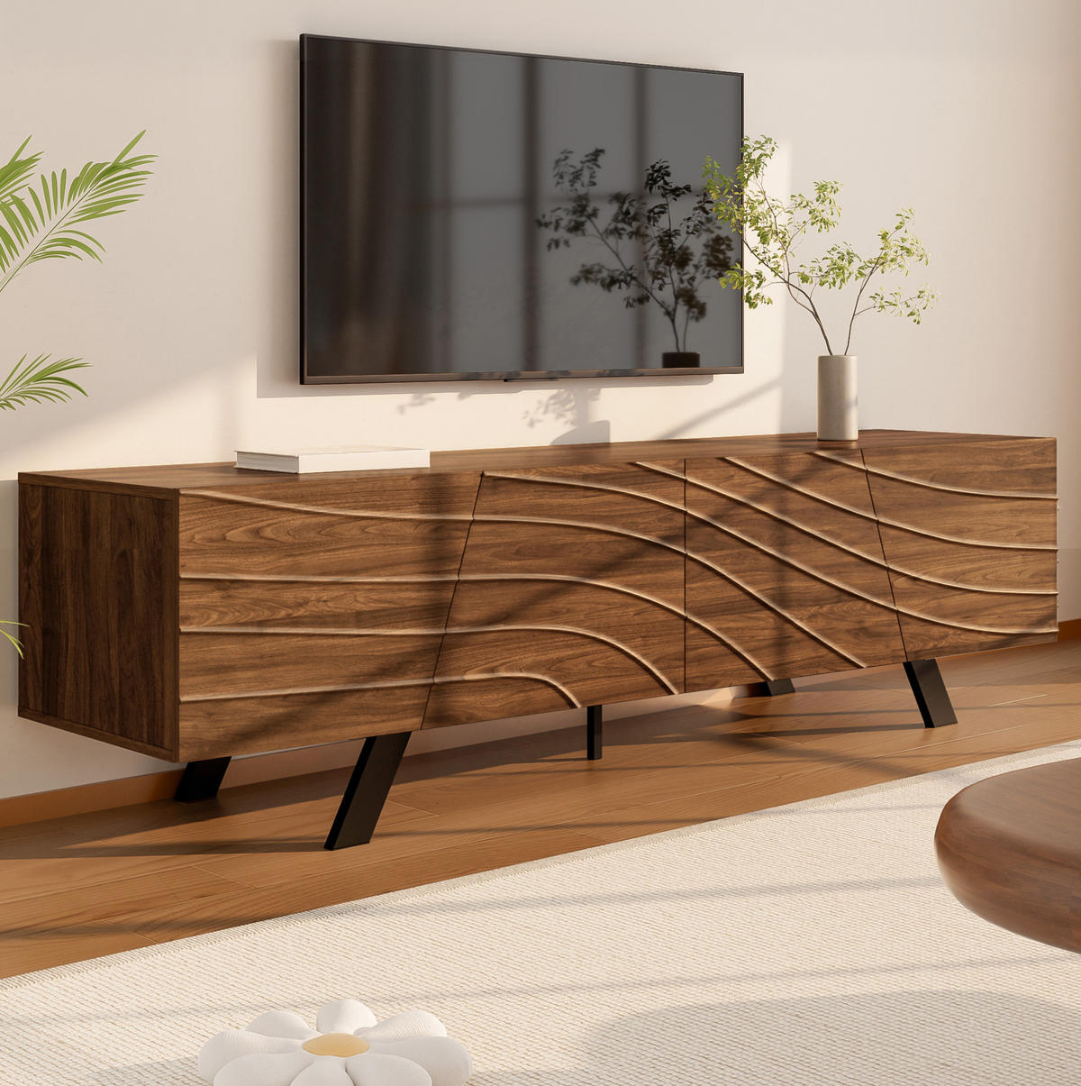 LOWBOARD aus MDF 160x39x50,5 cm Walnussfarben mit Kabelmanagement und Stauraum, Wellenfront - Walnussfarben, Holzwerkstoff (160/50.5/39cm) - Modfu