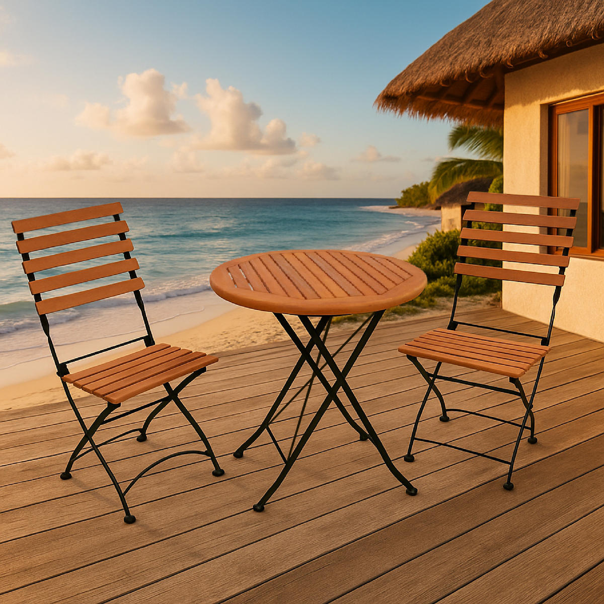 GARTENESSGRUPPE Bad Belzig - 3-teilig (2x Stuhl, 1x Tisch 75cm rund), Gestell Flachstahl schwarz, Latten Eukalyptusholz, FSC®-zertifiziert. - Schwarz, Metall - TPFGarden