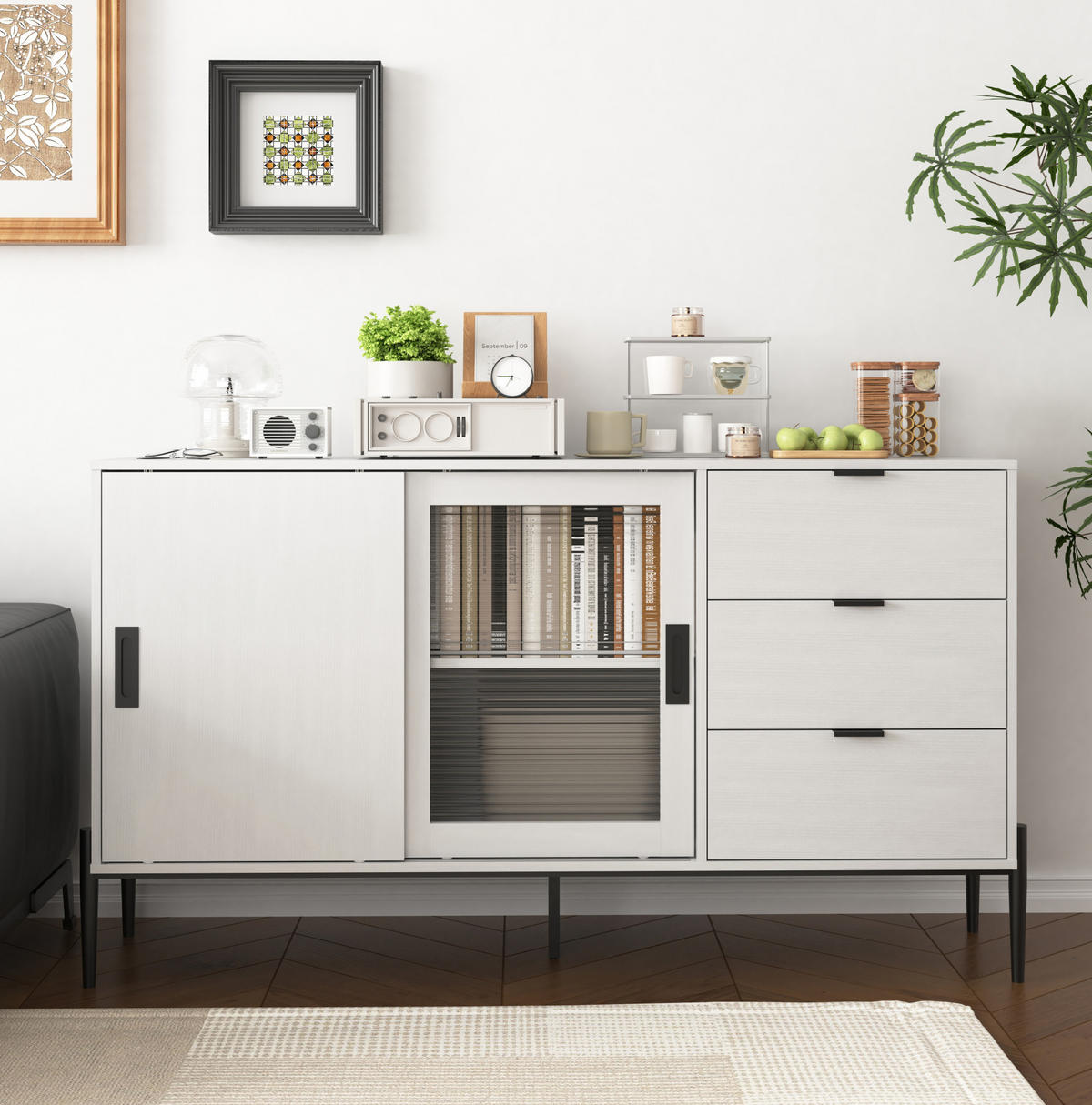 SIDEBOARD aus Holzwerkstoff mit geriffeltem Glaseinsatz und 3 Schubladen Weiß - Weiß, Holzwerkstoff (155/91.5/40cm) - Modenvie