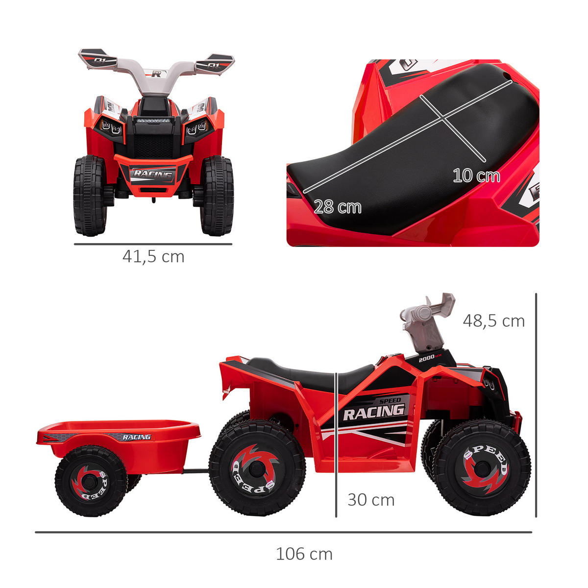 KINDERQUAD Kinder Elektro-Quad 6V Elektroauto mit Anhänger, 2,5 km/h Metall Rot - Rot, Metall (106/41.5/48.5cm) - HOMCOM