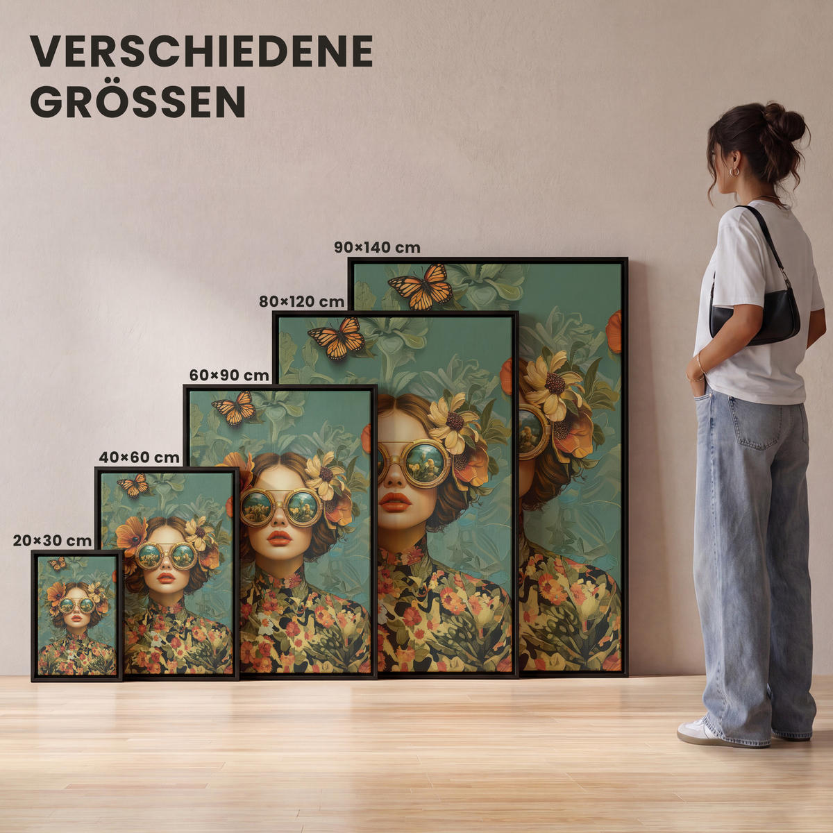 LEINWAND Bilder mit Rahmen - Frau - Blumen - Schmetterlinge - Natur - Vintage - 100x150 - Salbeigrün, Textil (100/150cm) - MuchoWow