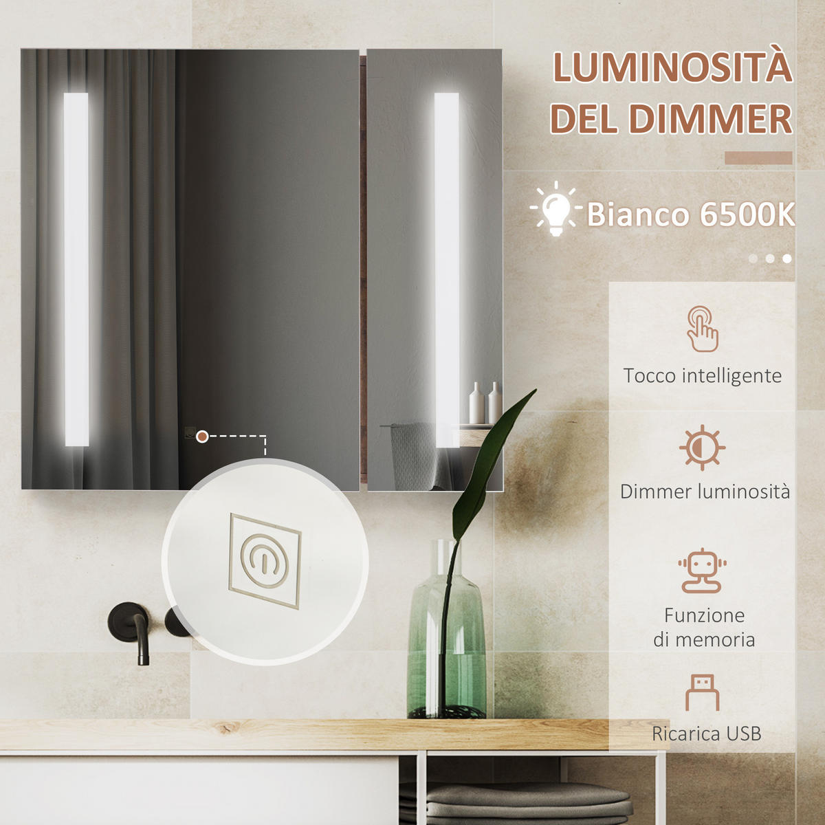 SPIEGELSCHRANK mit verstellbarer LED-Beleuchtung, 70 x 15 x 65 cm ,Braun - Braun, Glas (70/65/15cm) - Vallsero