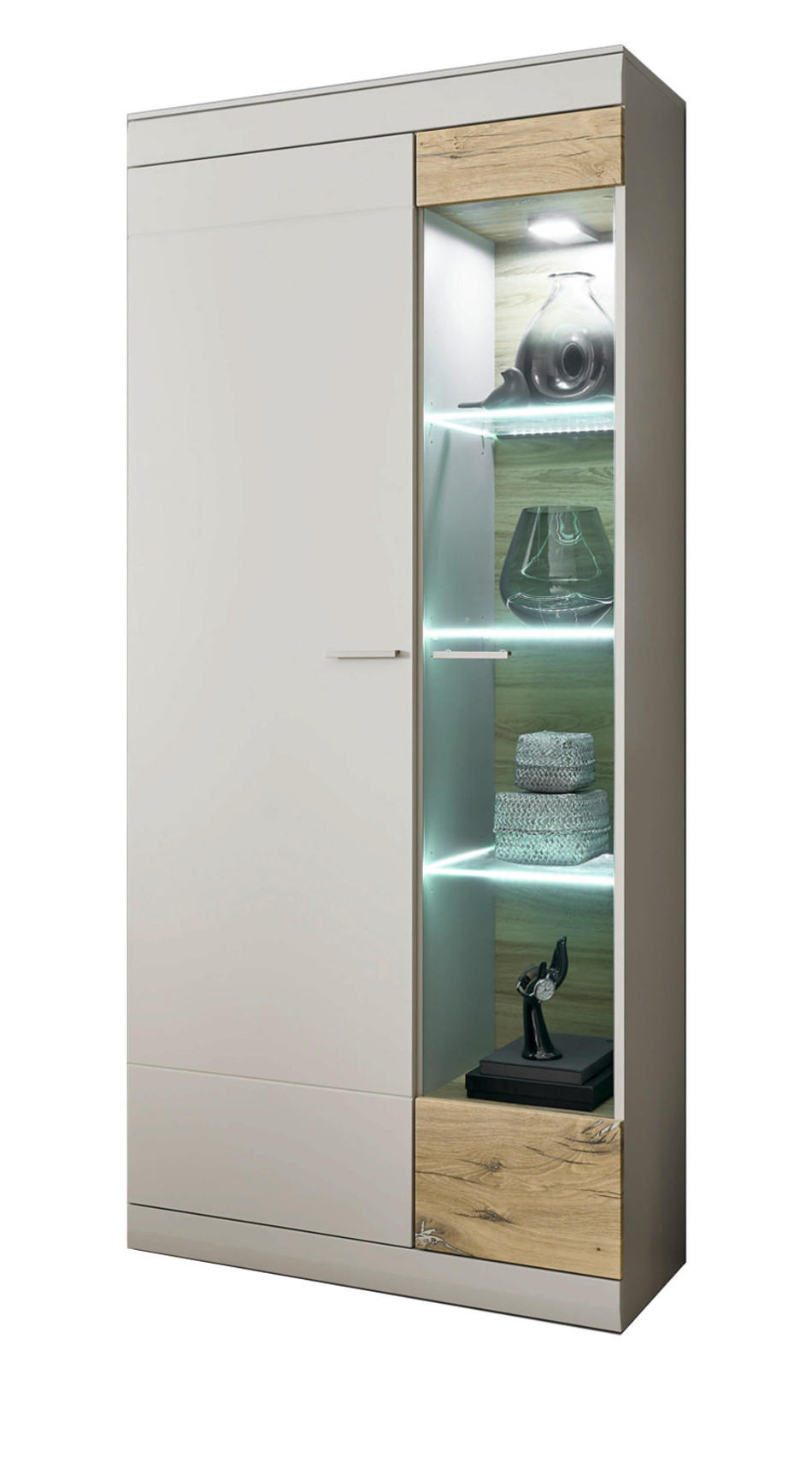 VITRINE grau matt, Zinneiche 90 cm, Vitrinenschrank mit Soft-Close - Eichefarben/Silberfarben, Glas/Holzwerkstoff (90/199/35cm) - Furn.Design