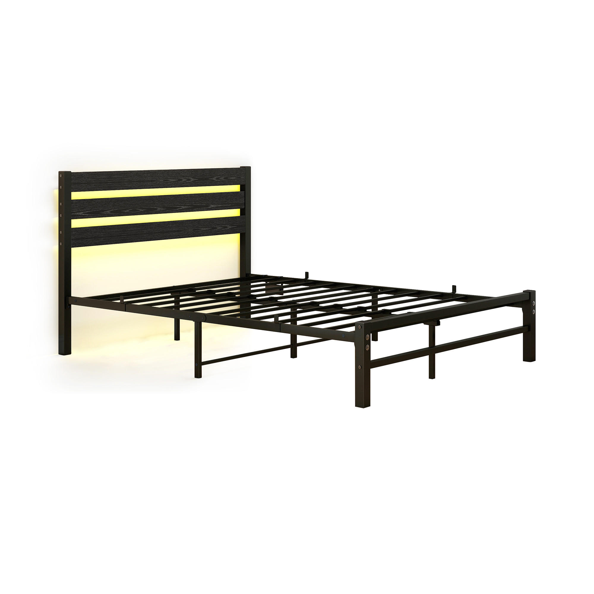 METALLBETT 140/200 cm in Schwarz mit LED, USB und Holzkopfteil Rahmenbett aus MDF und Metall im Industrial Design - Schwarz, Metall (140/200cm) - STILVORA