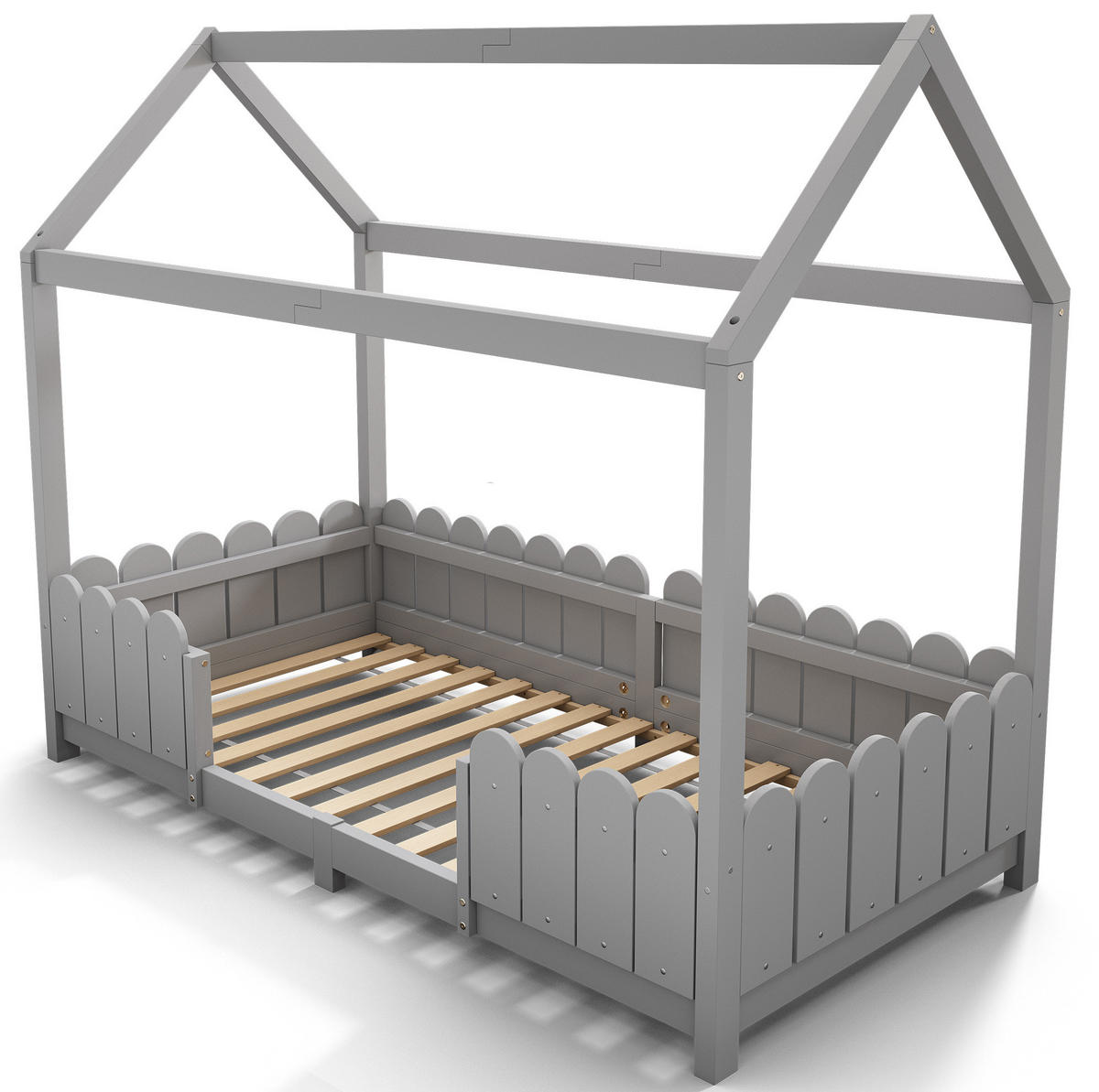 HAUSBETT 90/200 cm in Grau – mit Dach, Rausfallschutz und Lattenrost - Grau, Holz (90/200cm) - BEAOK