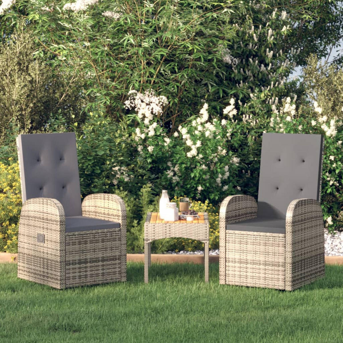 GARTEN-LIEGESTÜHLE 2 Stk. mit Auflagen Poly Rattan Grau - Grau, Holz (57/106/57cm) - furnicato