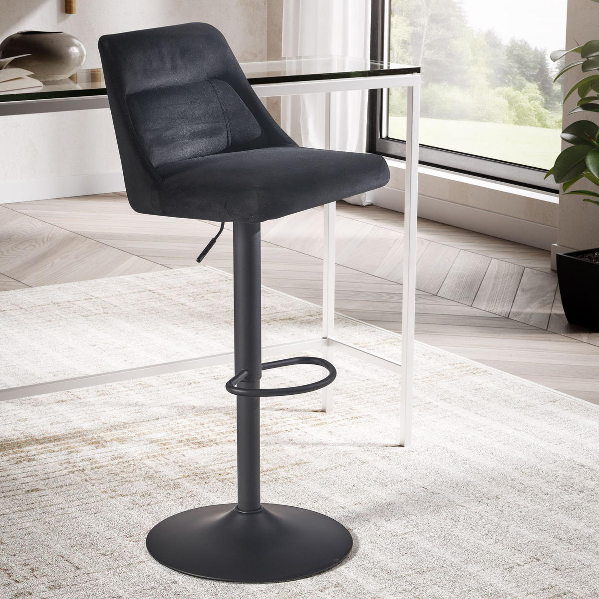 BARHOCKER Samt Lehne Höhenverstellbar Trompetenfuß Gepolstert, Schwarz 45x51x106 cm - Schwarz, Textil/Metall (45/106/51cm) - KADIMA DESIGN