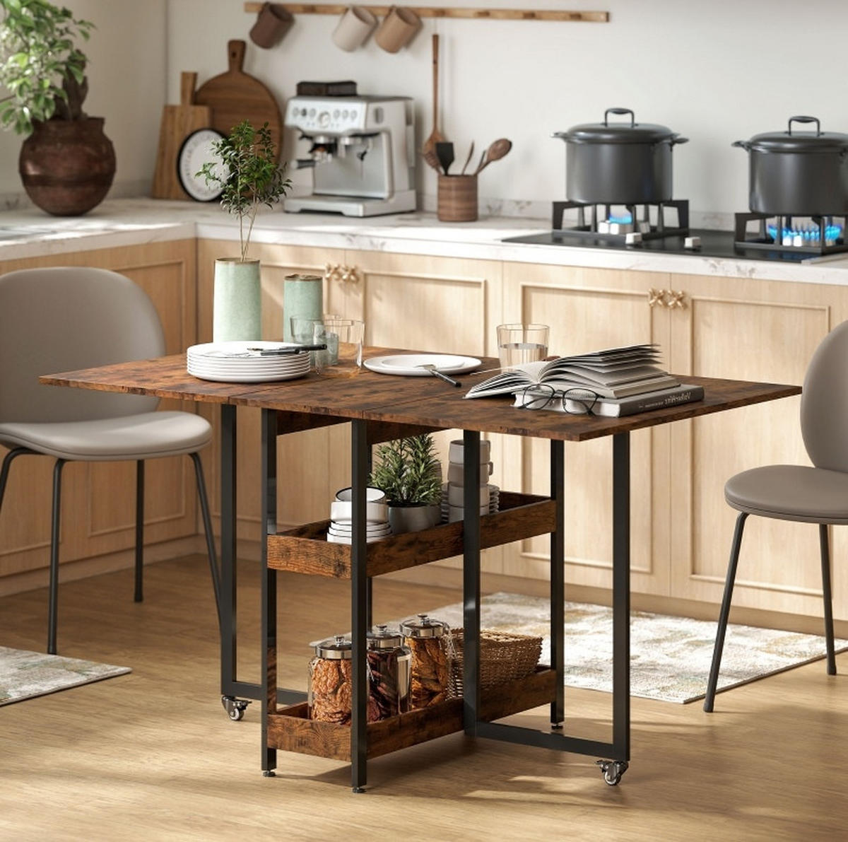 KLAPPTISCH 133,4/80/75 cm mit Ablagen und Rollen – platzsparend für 2–4 Personen - Braun, Holz (133.4/80/75cm) - BEAOK