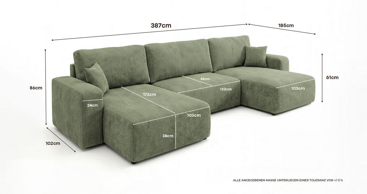 WOHNLANDSCHAFT BERLIN U-Form hellgrün Cord Poso 47 - Schlaffunktion, Bettkasten - Hellgrün, Textil (385/86/185cm) - Cornero
