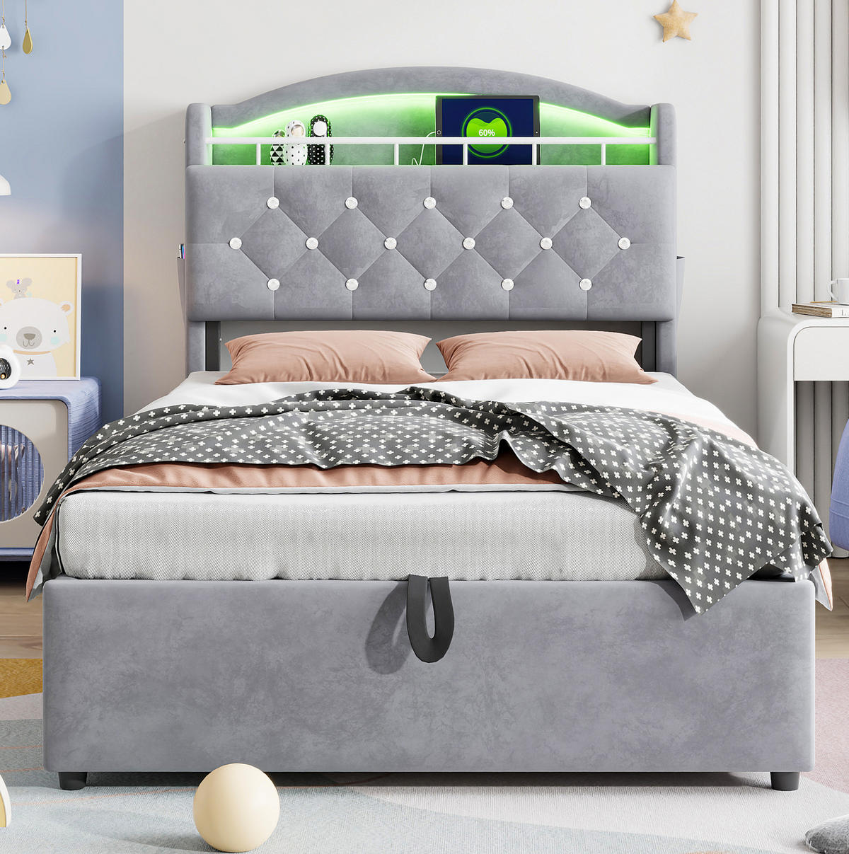 KINDERBETT Polsterbett 90/200 cm aus Samt mit Stauraum, LED und USB Grau - Grau, Textil (90/200cm) - Modenvie
