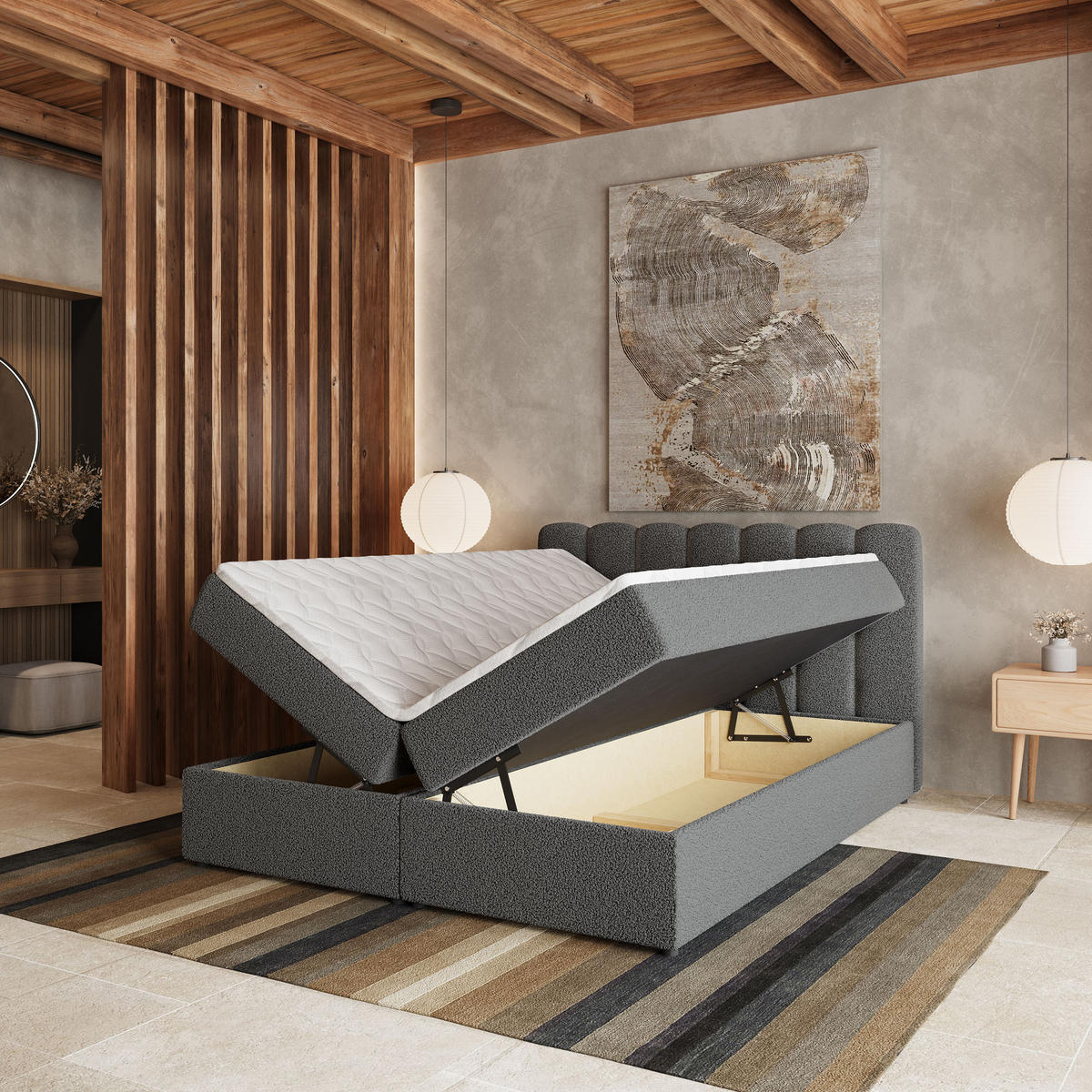 BOXBETT SOLIA 180x200 cm mit Matratze und Topper, H2+H3 - Grau - Grau, Holz (180/200cm) - MASSENO