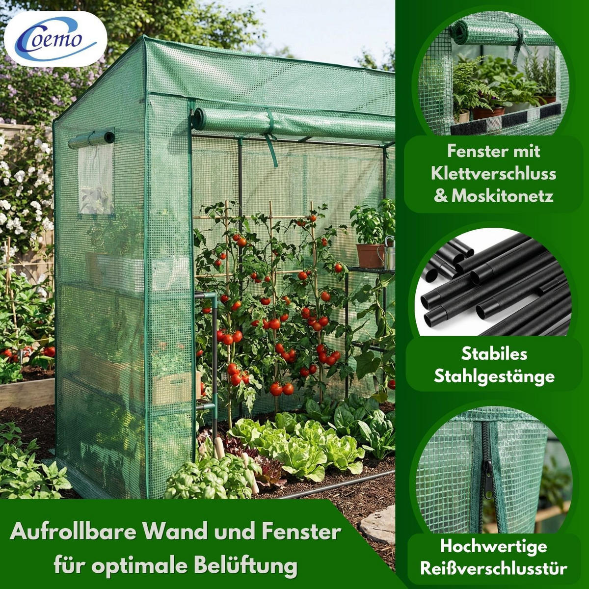 GEWÄCHSHAUS für Tomaten 200/80/170 cm - Grün, Kunststoff (80/170/200cm) - Coemo