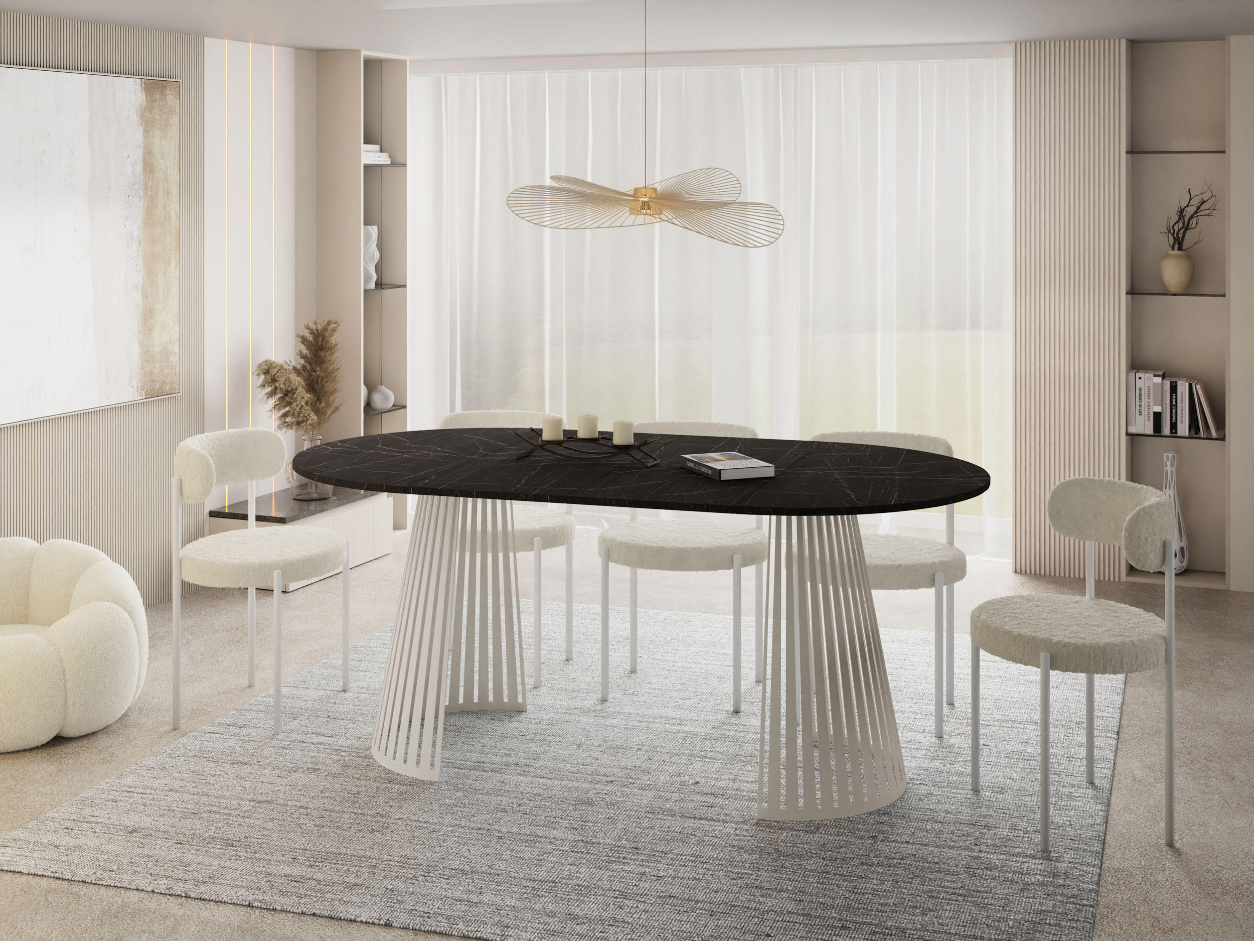 ESSTISCH Naro rund ausziehbar mit Lamellen-Metallgestell in Beige Kaschmir, Marmor Schwarz 100-180/100/76 cm - Kaschmir/Anthrazit, Holzwerkstoff/Metall (100/100/76cm) - WFL GROUP