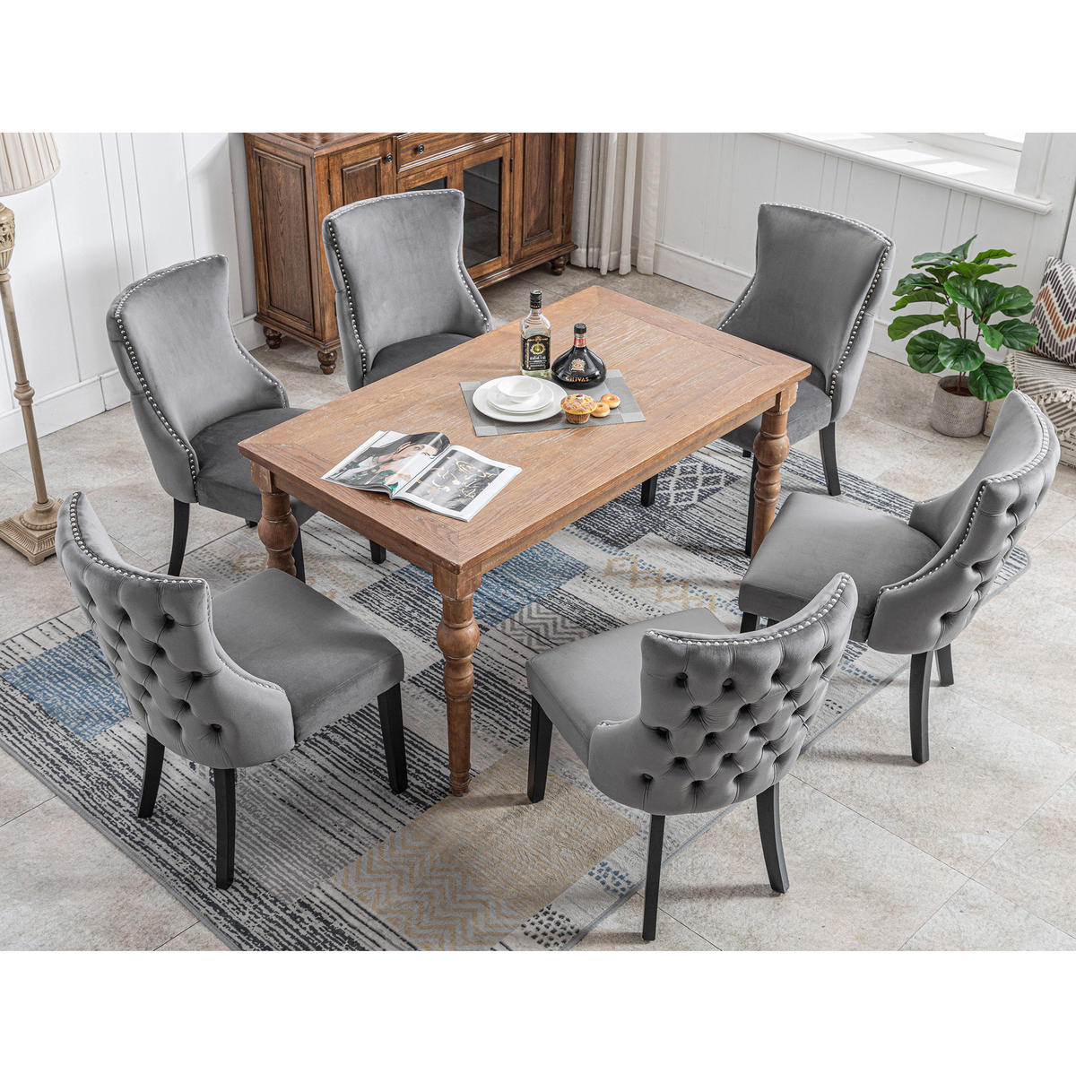 STUHL 6er-Set Samt Grau mit Knopfsteppung und Massivholzbeinen - Grau, Metall (50/91/52.2cm) - Meubliv