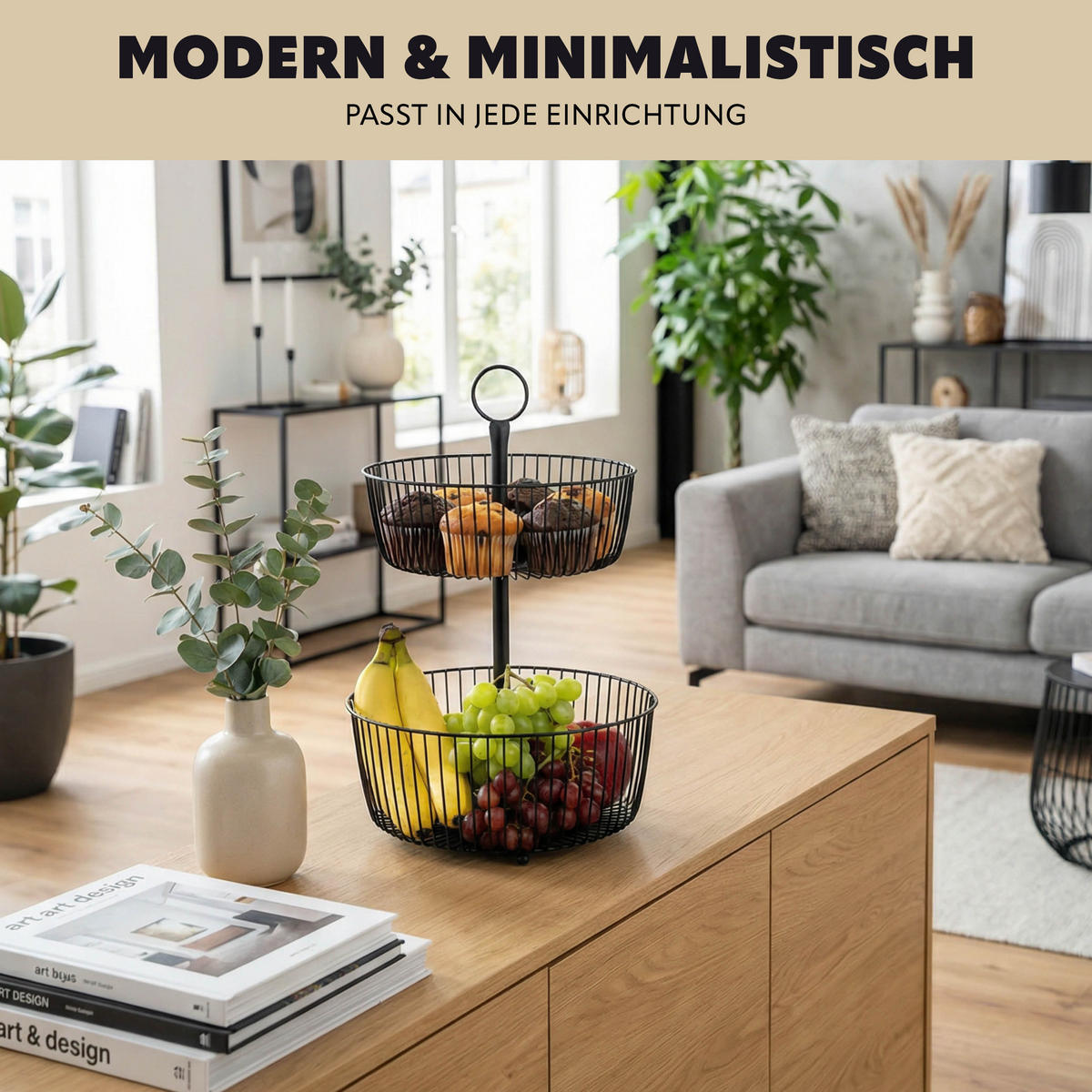 OBSTETAGERE, 2-stöckig, rund, Metall, Schwarz - Schwarz, Metall (43cm) - eluno