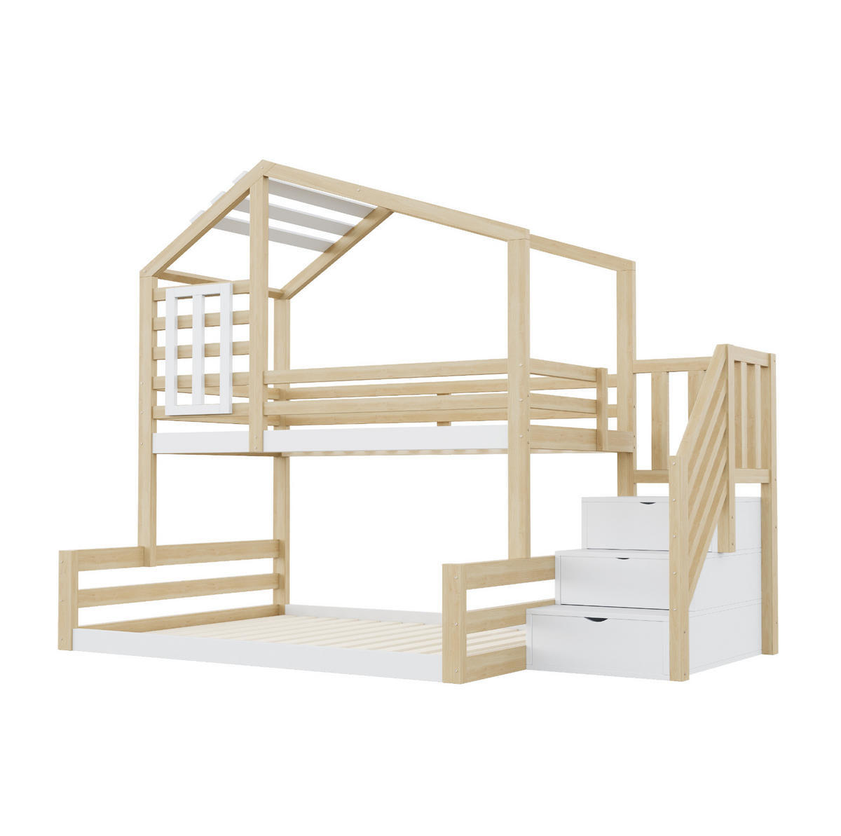 POSCHODOVÁ posteľ 90/200 a 140/200 cm prírodná z borovicového dreva a MDF s úložnými schodmi a oknom - prírodná farba, drevo (90/200cm) - OKWISH