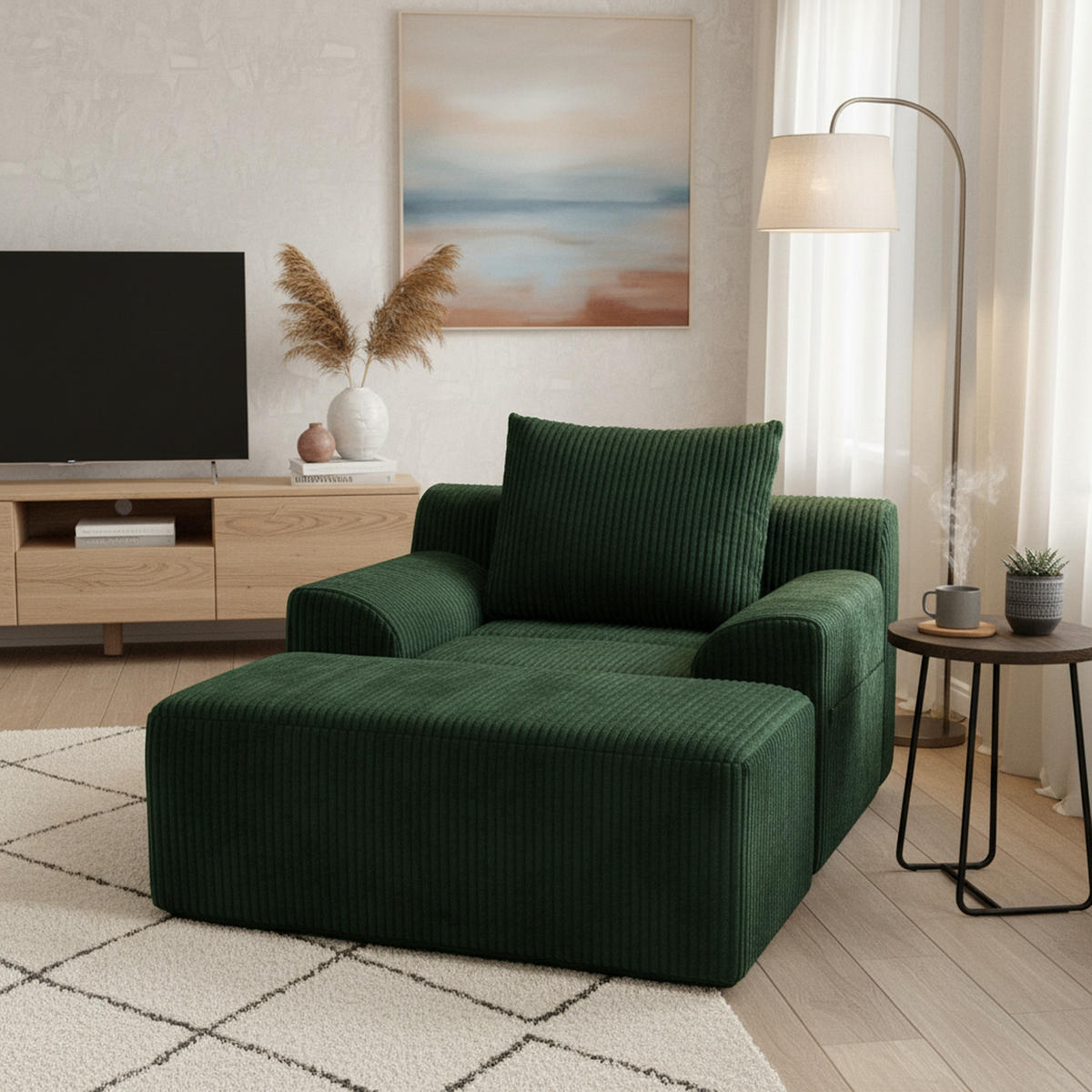 SESSEL mit Hocker in Cord Übergroßer Relaxsessel - Grün, Textil (147/67/110cm) - Urban Meuble