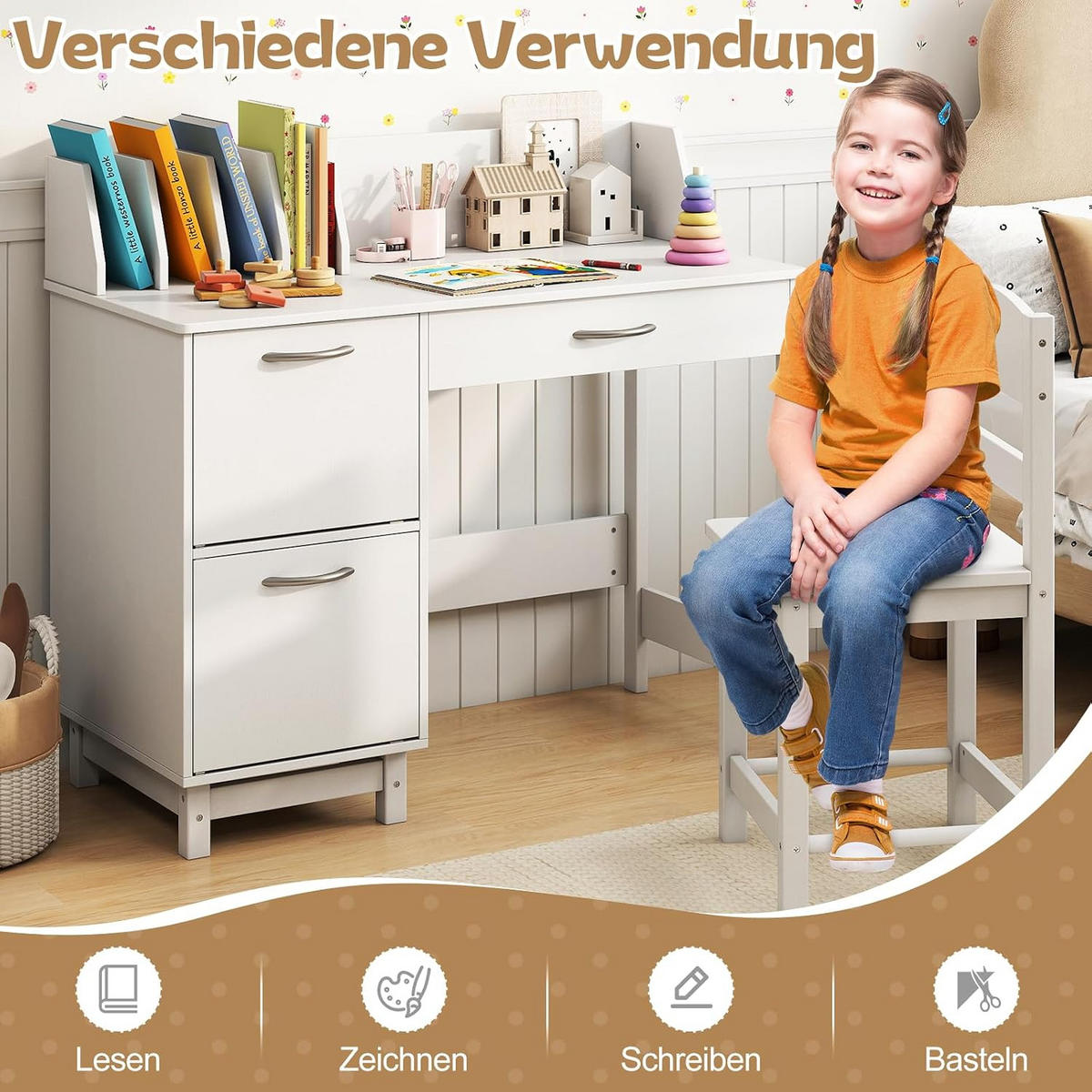 KINDERSCHREIBTISCH-SET mit Stauraum weiß(2-tlg) - Weiß, Holzwerkstoff (90/81/45cm) - COSTWAY