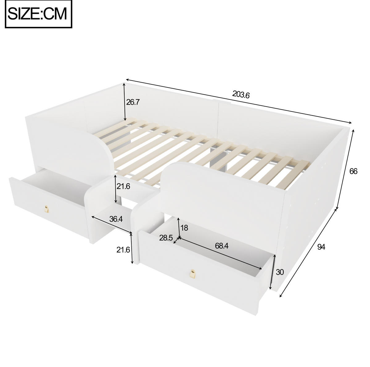 KINDERBETT aus Sperrholz und MDF 90x200 cm Weiß mit Schubladen und Sicherheitsleiter - Weiß, Holzwerkstoff (90/200cm) - Modfu