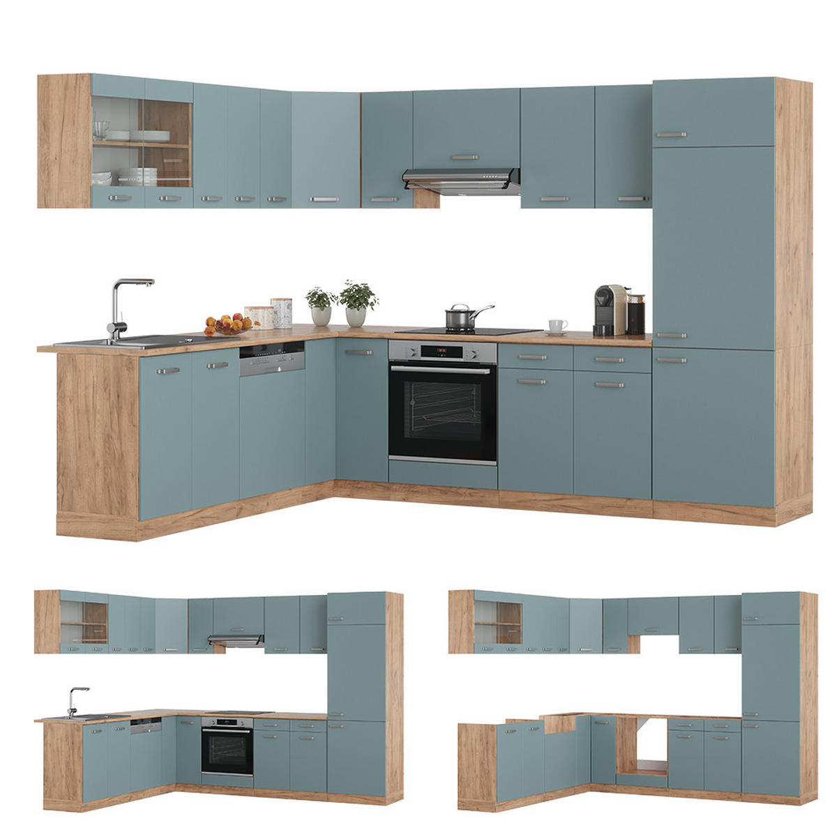 ECKKÜCHE R-Line Blau-Grau/Goldkraft Eiche 227 x 287 cm, AP Eiche - Honigeiche/Blaugrau, Holzwerkstoff (287/81.6/60cm) - Vicco