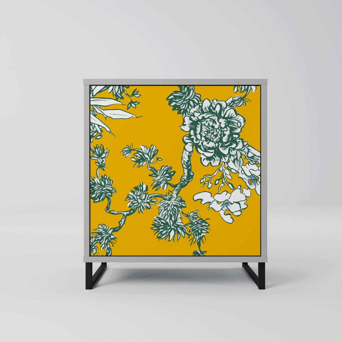 SIDEBOARD YELLOW CHINOISERIE, Grau, 57,5x42x67,5 cm, Schwarze Metall-Rahmenfüße - Multicolor/Schwarz, Holzwerkstoff/Metall (57.5/67.5/42cm) - SpaceRebels
