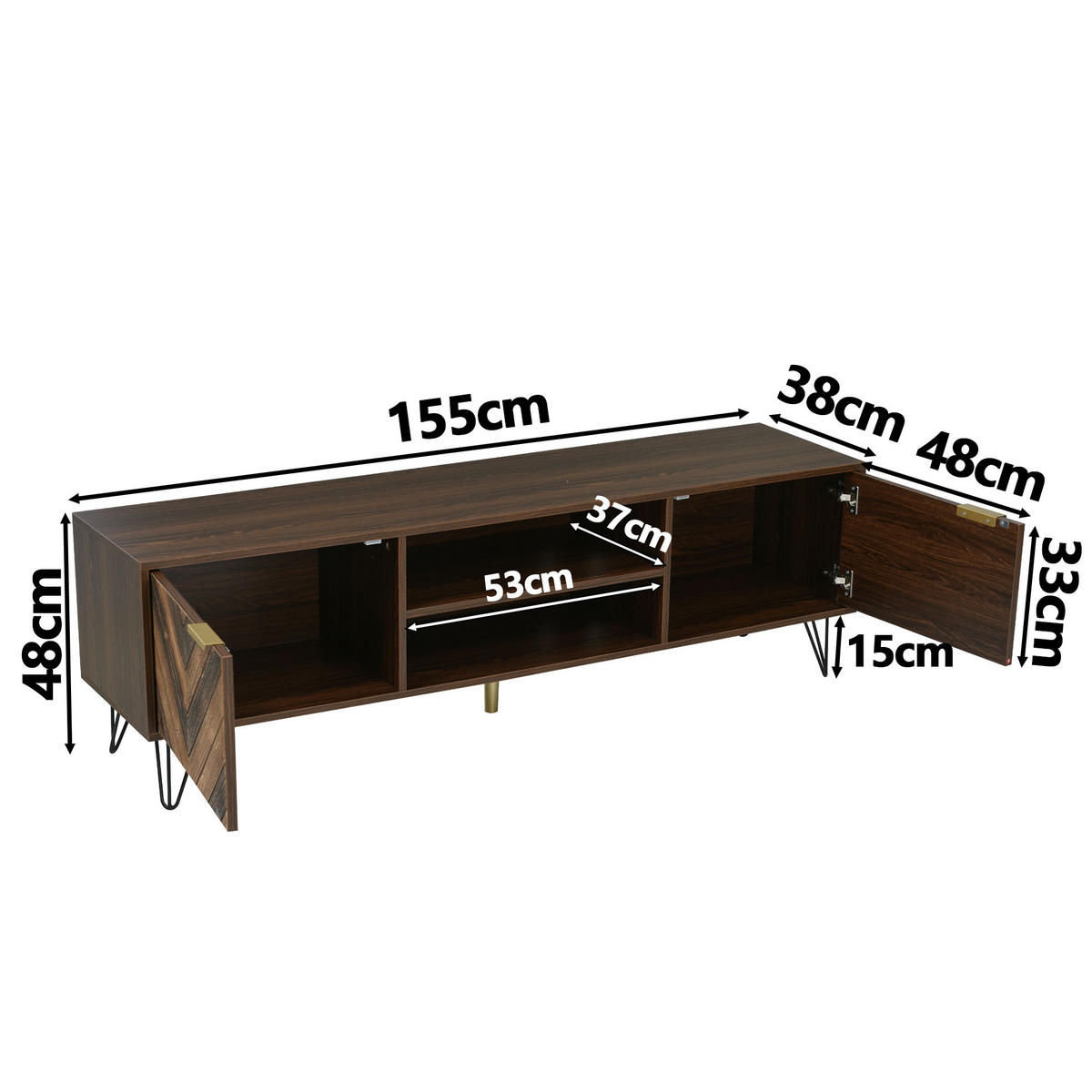LOWBOARD in Naturfarben TV Schrank mit Türen aus Massivholzfurnier, Goldgriffen und Eisenfüßen, B155/T38/H48cm - Goldfarben/Naturfarben, Holzwerkstoff/Metall (155/48/38cm) - STILVORA