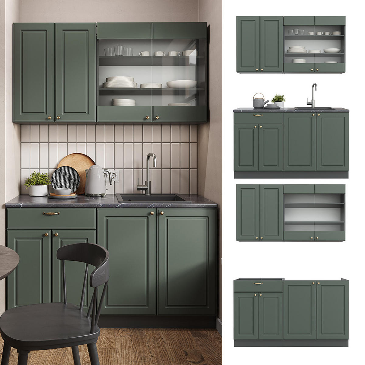 SINGLEKÜCHE Fame-Line Grün-Gold Landhaus/Anthrazit 140 cm, AP Eiche - Anthrazit/Grün, Holzwerkstoff (140/81.6/60cm) - Vicco