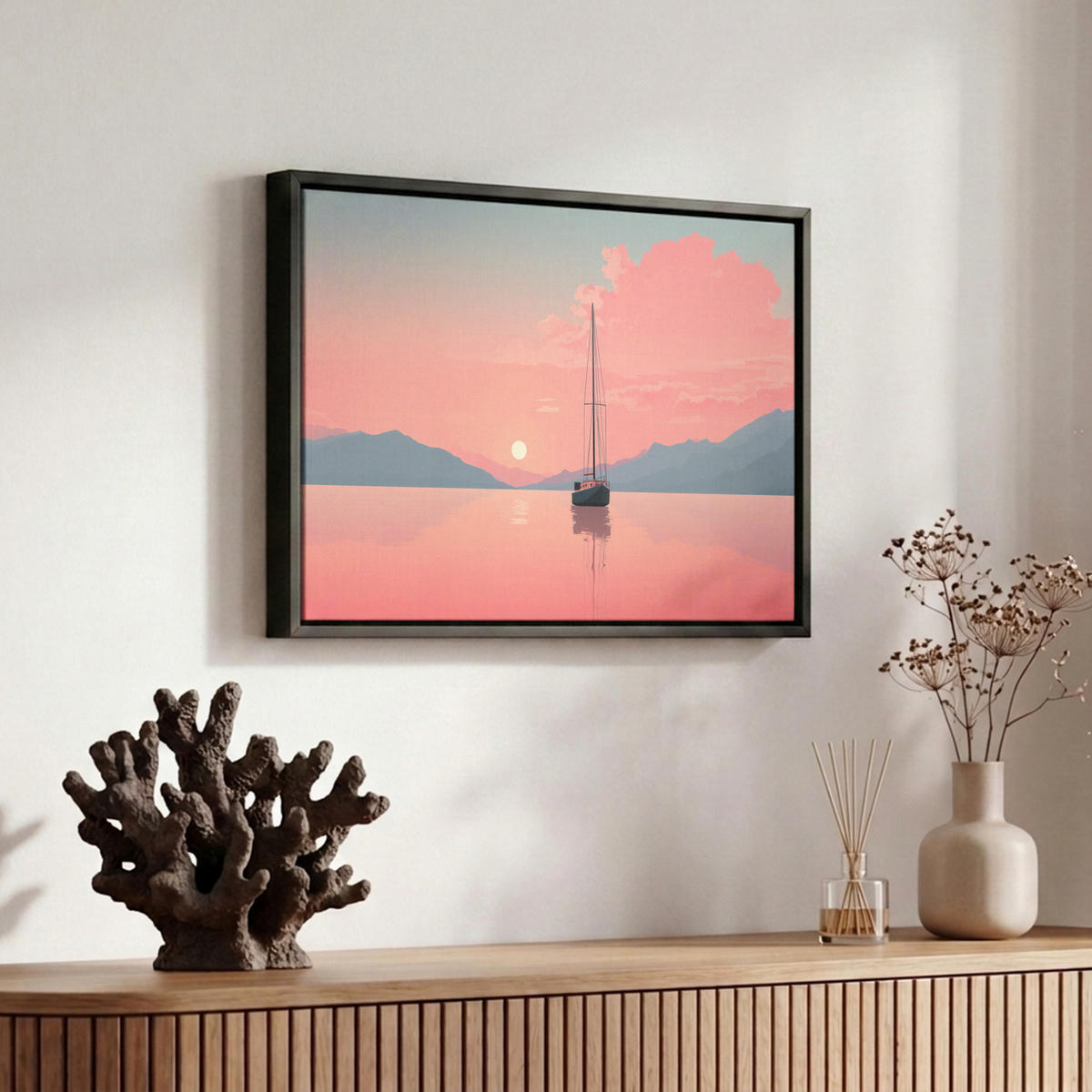 LEINWAND Bilder mit Rahmen - Segelboot - Rosa Meer - Sonnenuntergang - Berge - 30x20 - Rosa, Textil (30/20cm) - MuchoWow