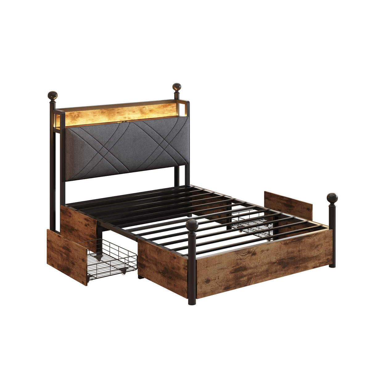 KOVOVÁ postel 90/190 cm s odnímatelným baldachýnem, LED osvětlením, USB a USB-C porty a úložným prostorem, Černá - černá, kov (90/190cm) - Redom